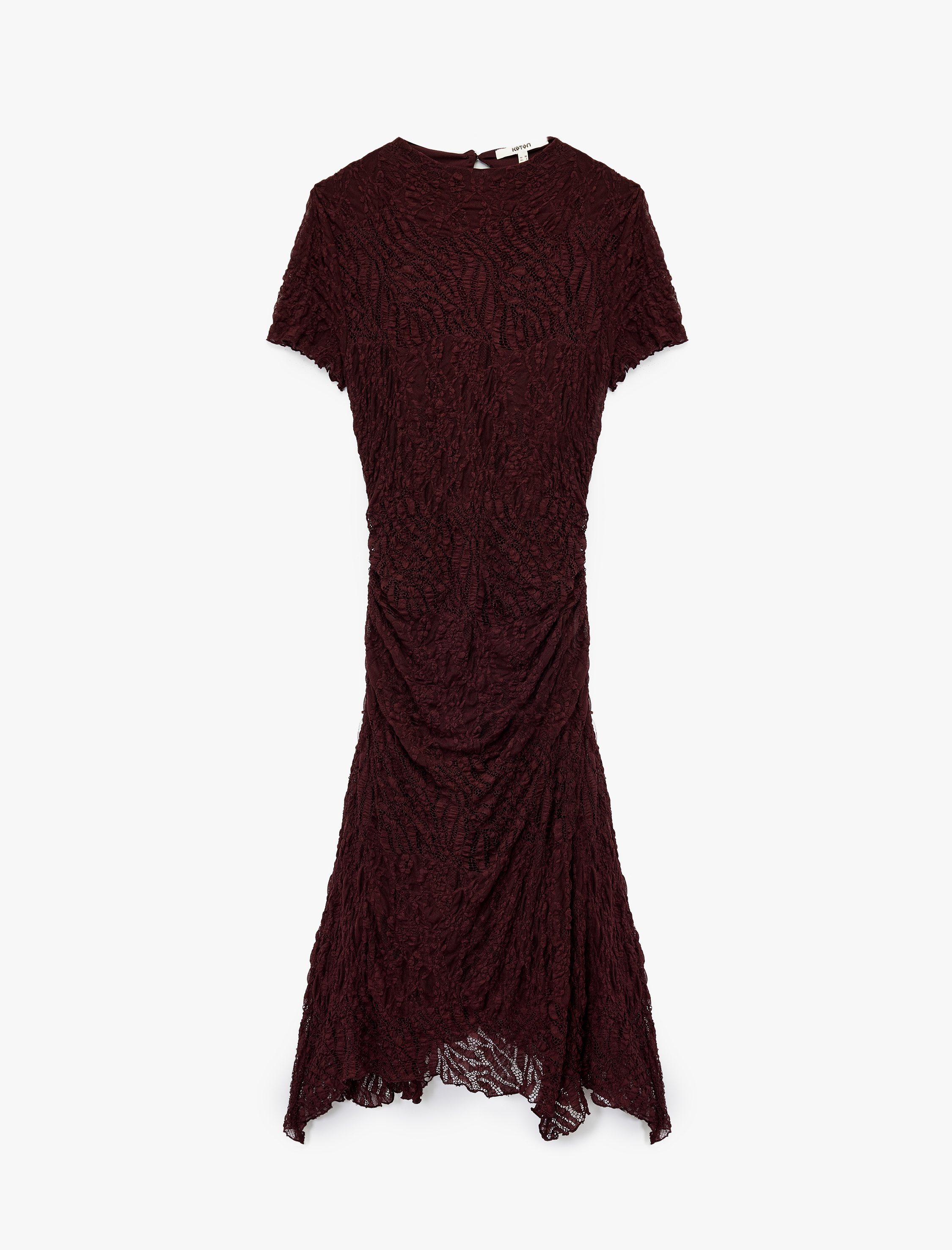   Asimetrik Etek Ucu Detaylı Slim Fit Midi Boy Drapeli Kısa Kollu Dantel Elbise