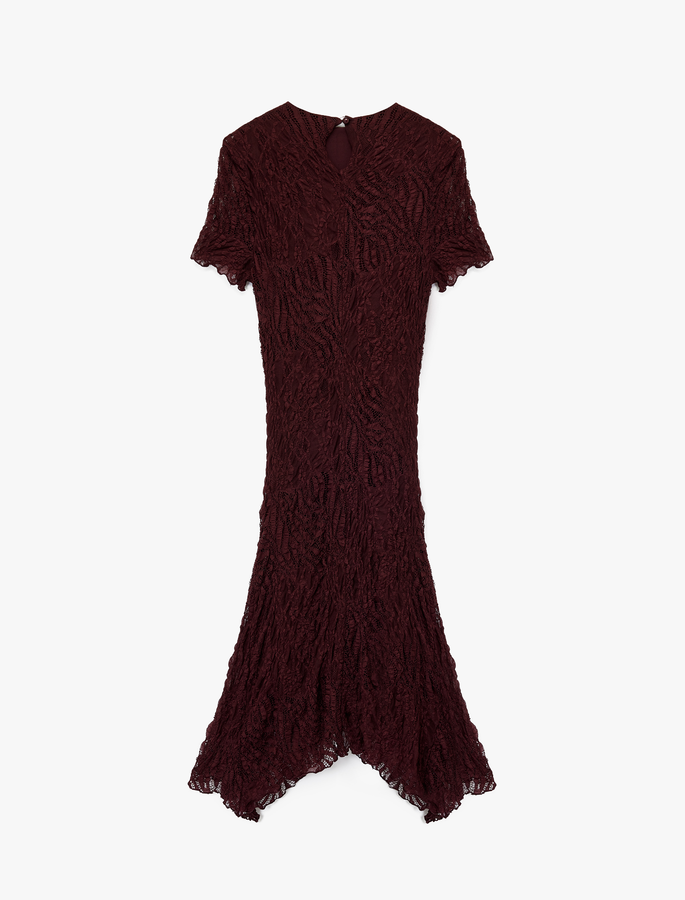   Asimetrik Etek Ucu Detaylı Slim Fit Midi Boy Drapeli Kısa Kollu Dantel Elbise