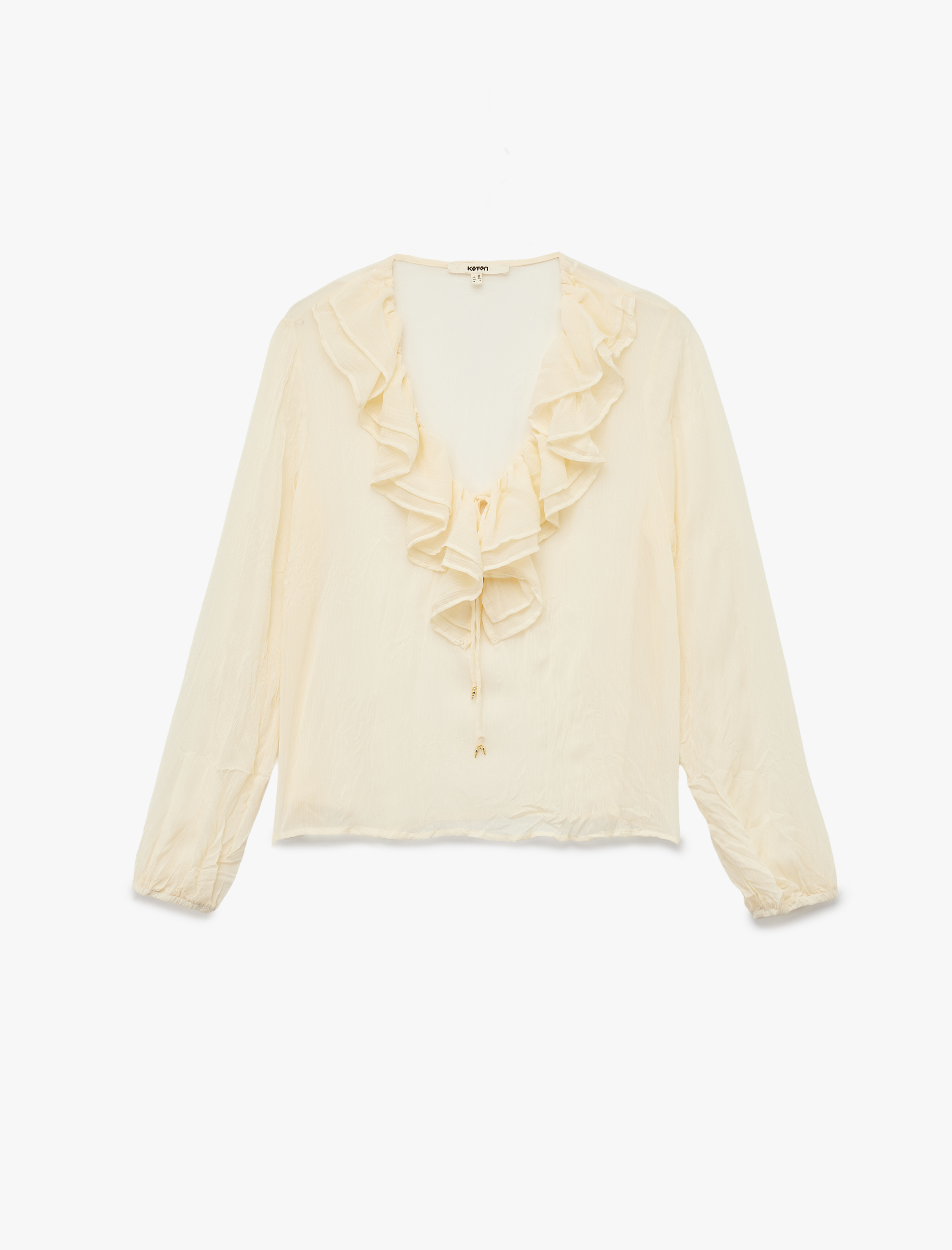   Yarı Transparan Uzun Kollu V Yaka Fırfırlı Şifon Bluz