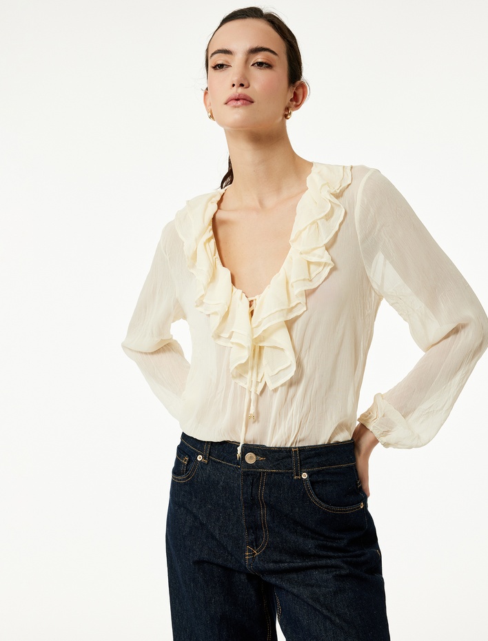  Yarı Transparan Uzun Kollu V Yaka Fırfırlı Şifon Bluz