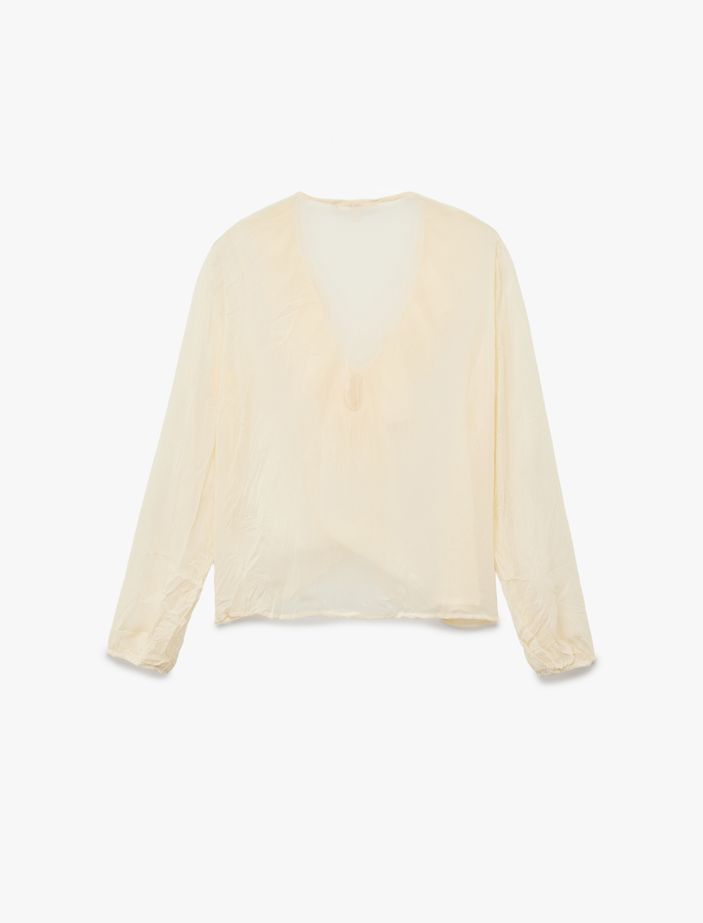   Yarı Transparan Uzun Kollu V Yaka Fırfırlı Şifon Bluz