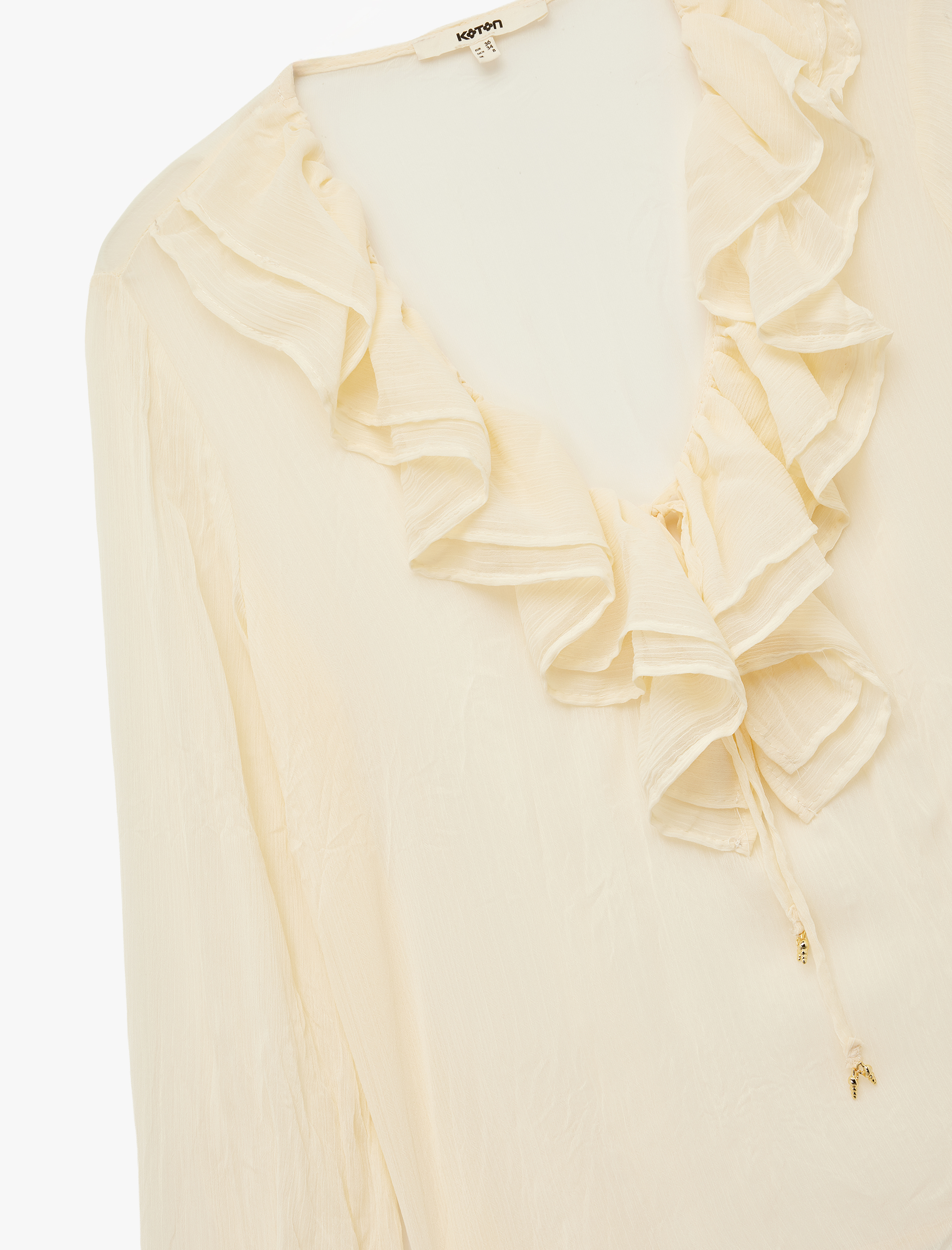   Yarı Transparan Uzun Kollu V Yaka Fırfırlı Şifon Bluz