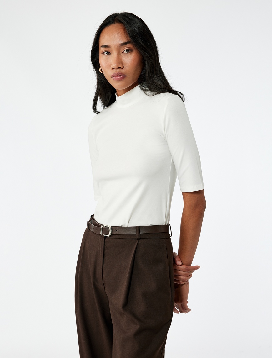  Slim Fit Pamuklu 3/4 Kol Dik Yaka Tişört