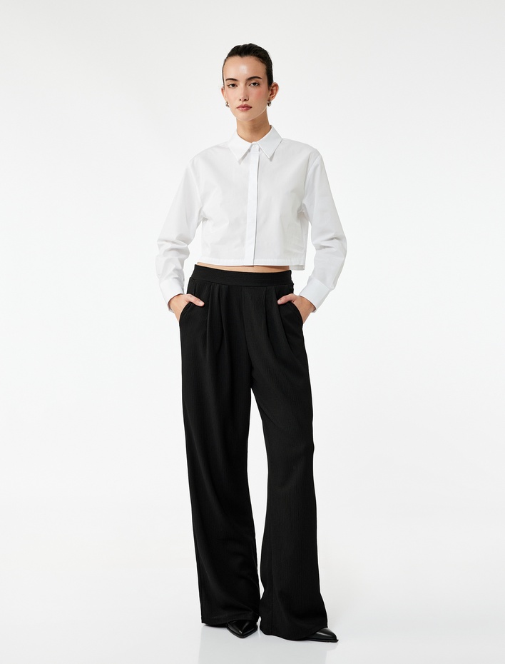  Bürümcük Kumaş Cepli Pileli Düz Bol Paça Palazzo Pantolon