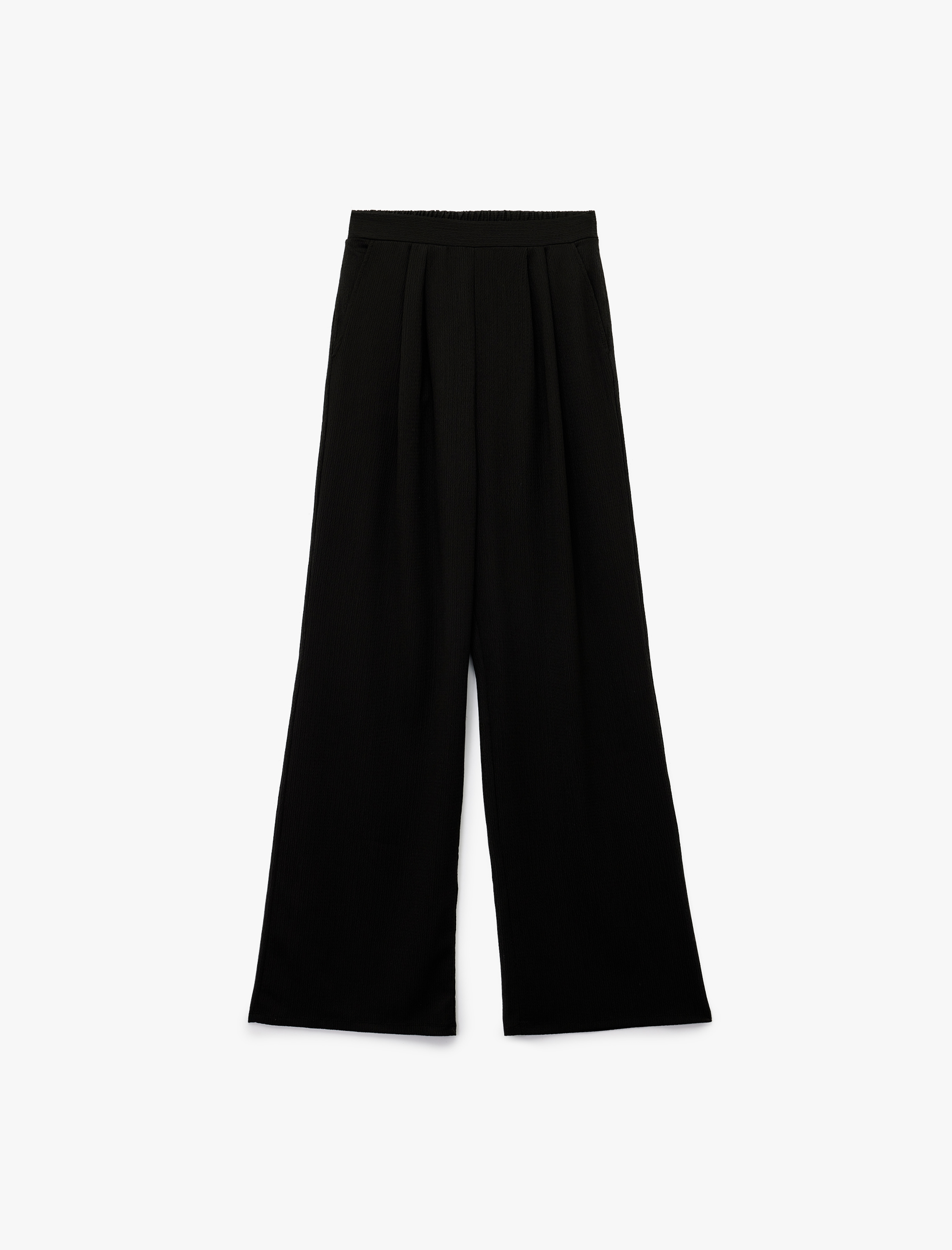   Bürümcük Kumaş Cepli Pileli Düz Bol Paça Palazzo Pantolon