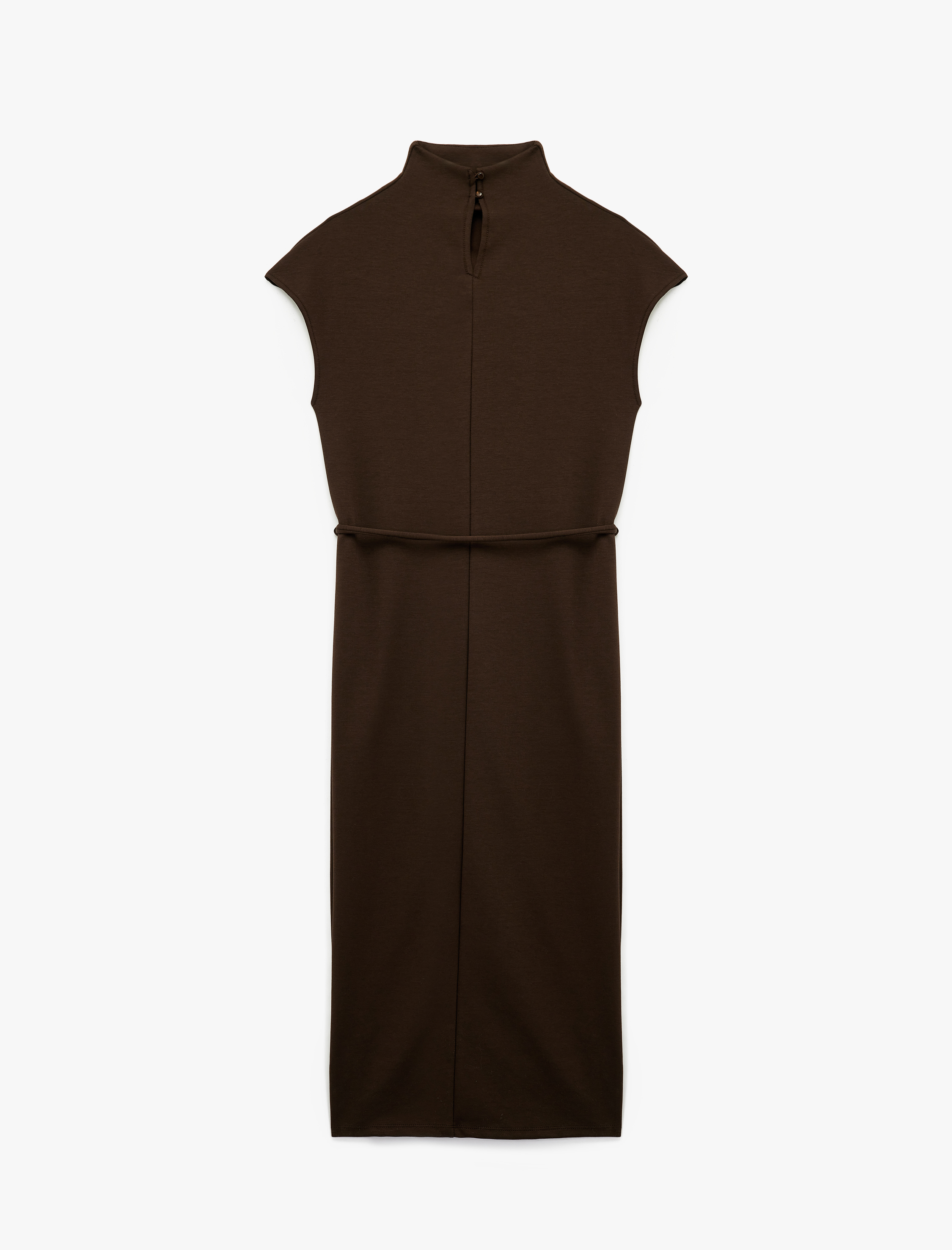   Slim Fit Kemerli Dik Yaka Drape Detaylı Kolsuz Midi Boy Kalem Elbise