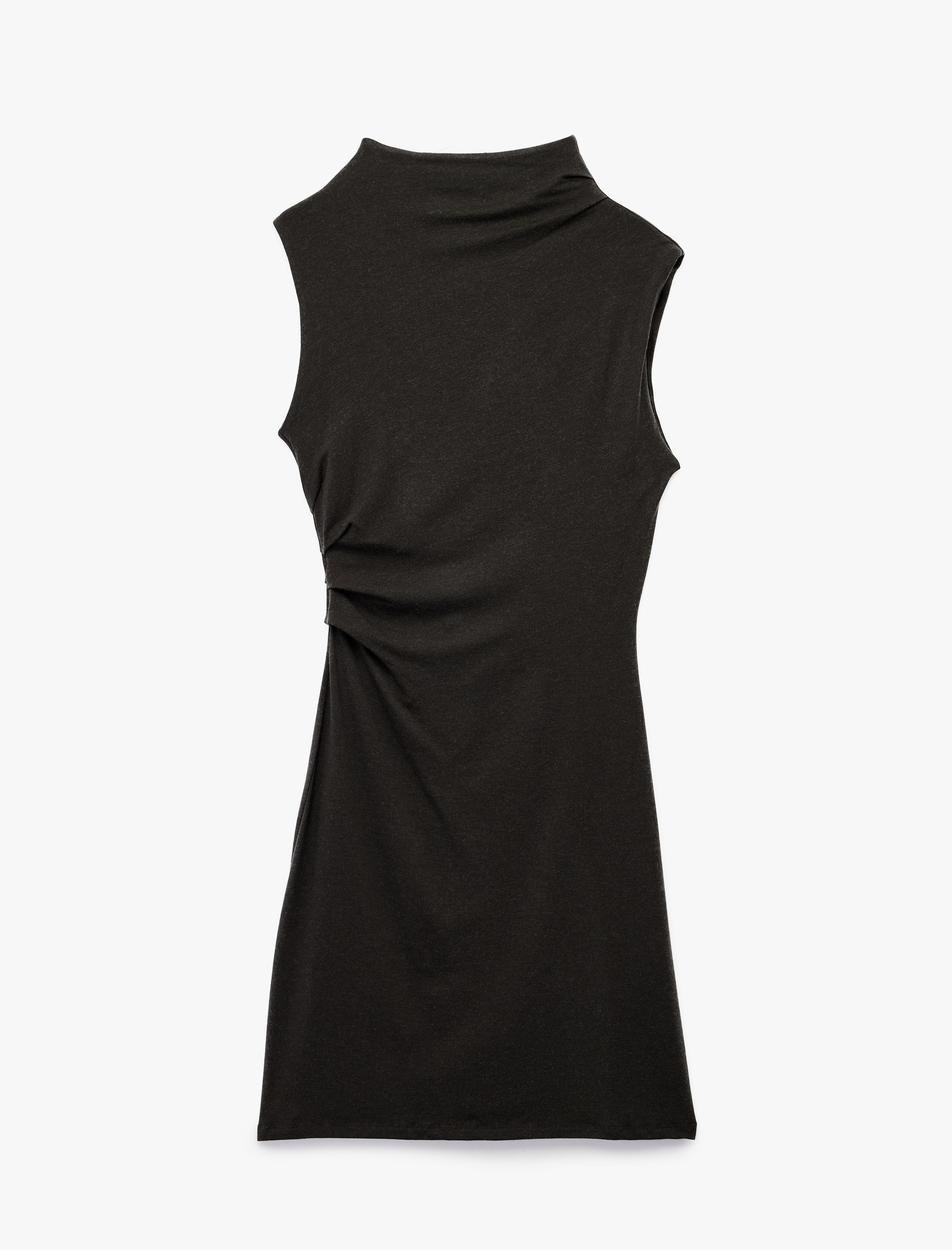   Slim Fit Drape Detaylı Dik Yaka Kolsuz Mini Kalem Elbise