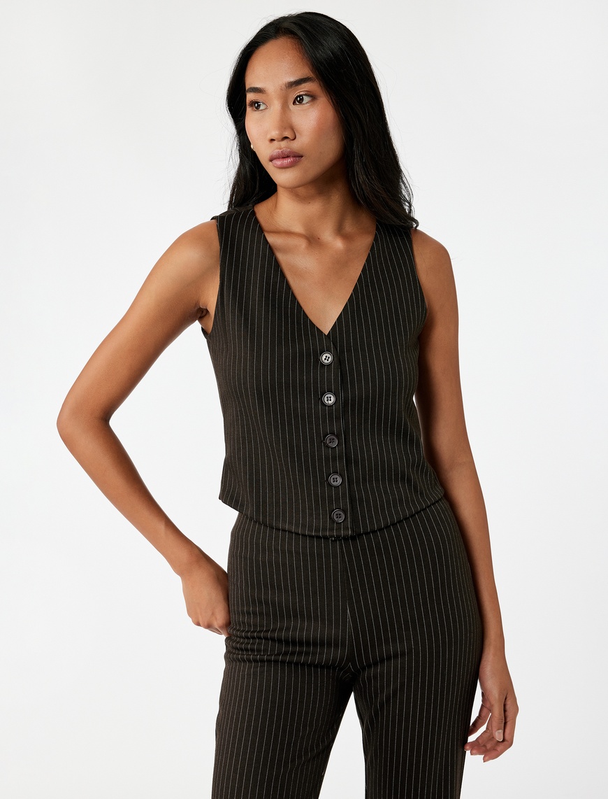   Slim Fit Düğmeli V Yaka Parıltılı Çizgili Yelek