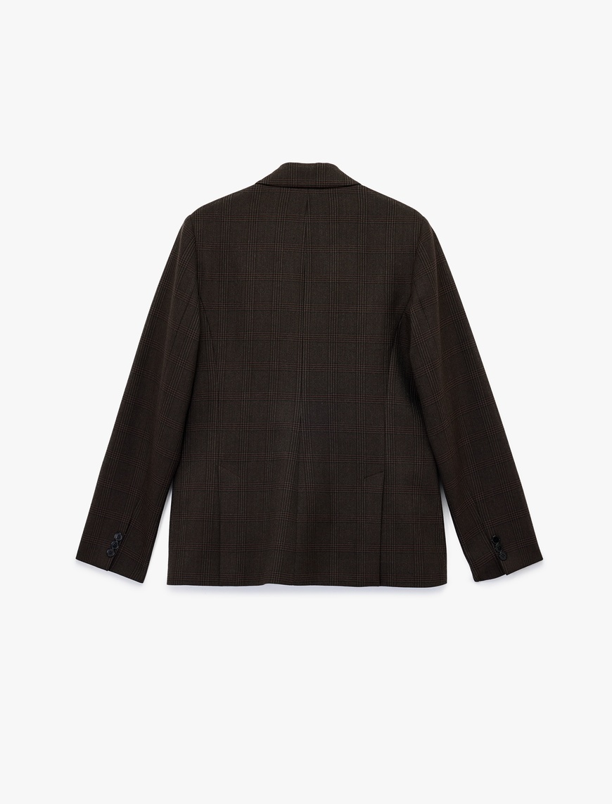   Cepli Düğmeli Uzun Kollu Kruvaze Ekose Blazer Ceket