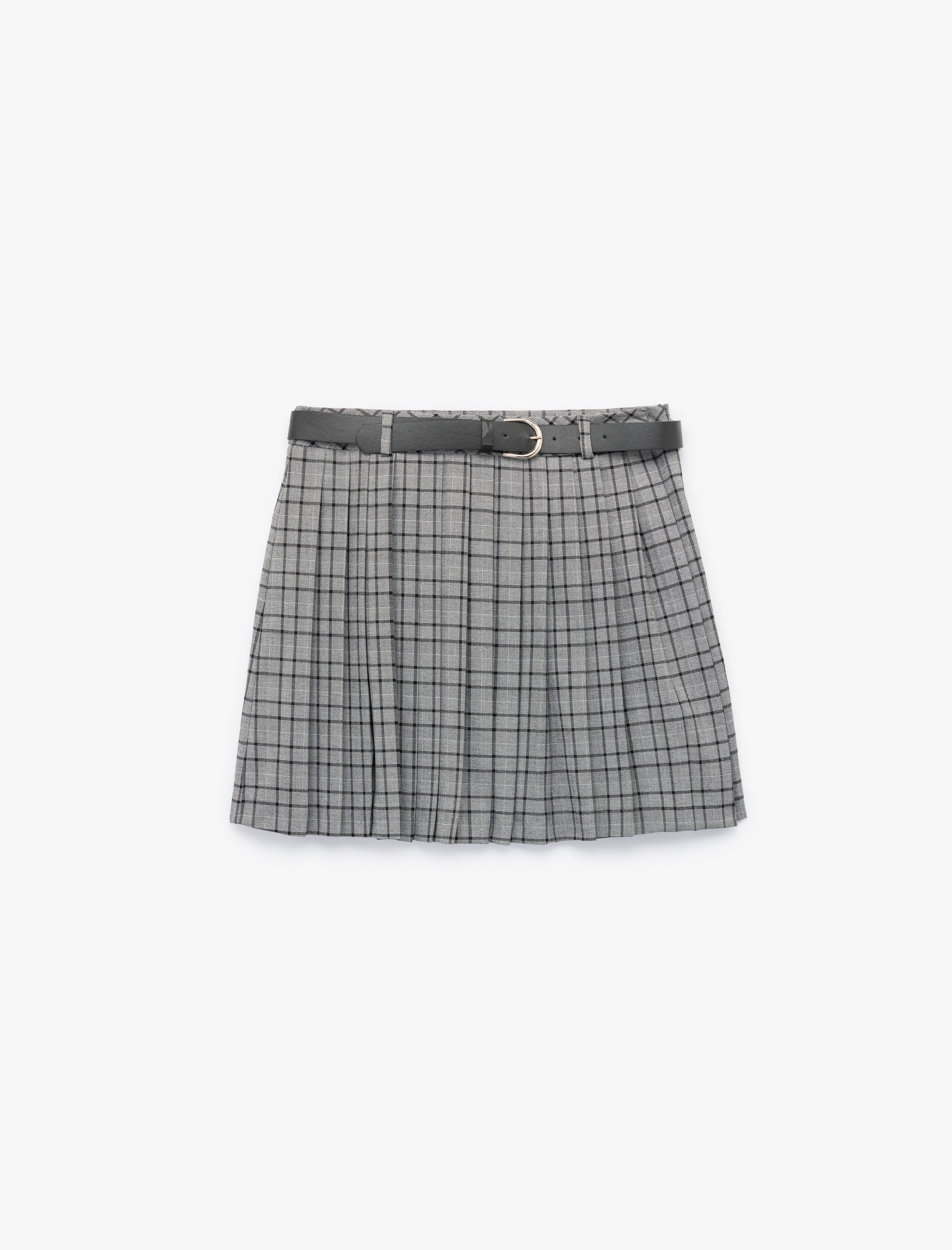   Kemerli Kareli A Kesim Pileli Mini Etek