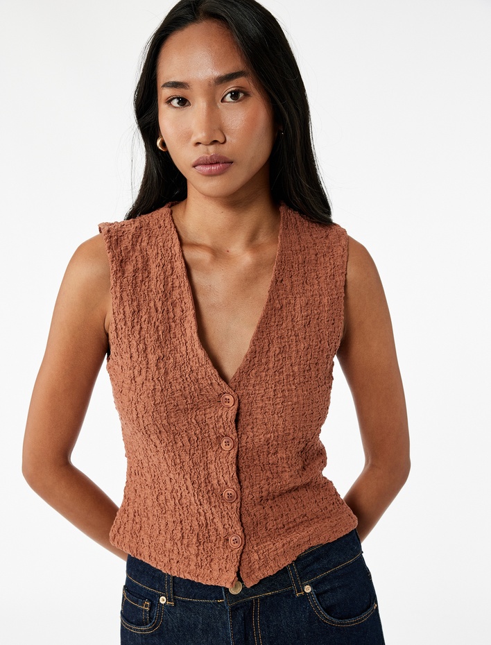  Bürümcük Kumaş Slim Fit V Yaka Düğmeli Yelek