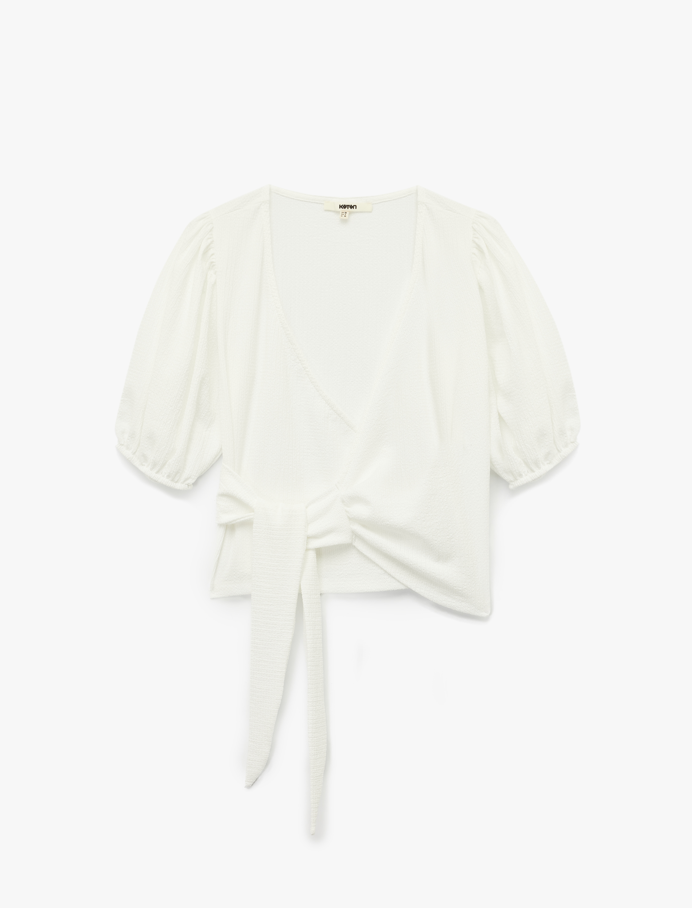 Bürümcük Kumaş Önden Bağlama Detaylı Kısa Balon Kollu Kruvaze Tişört