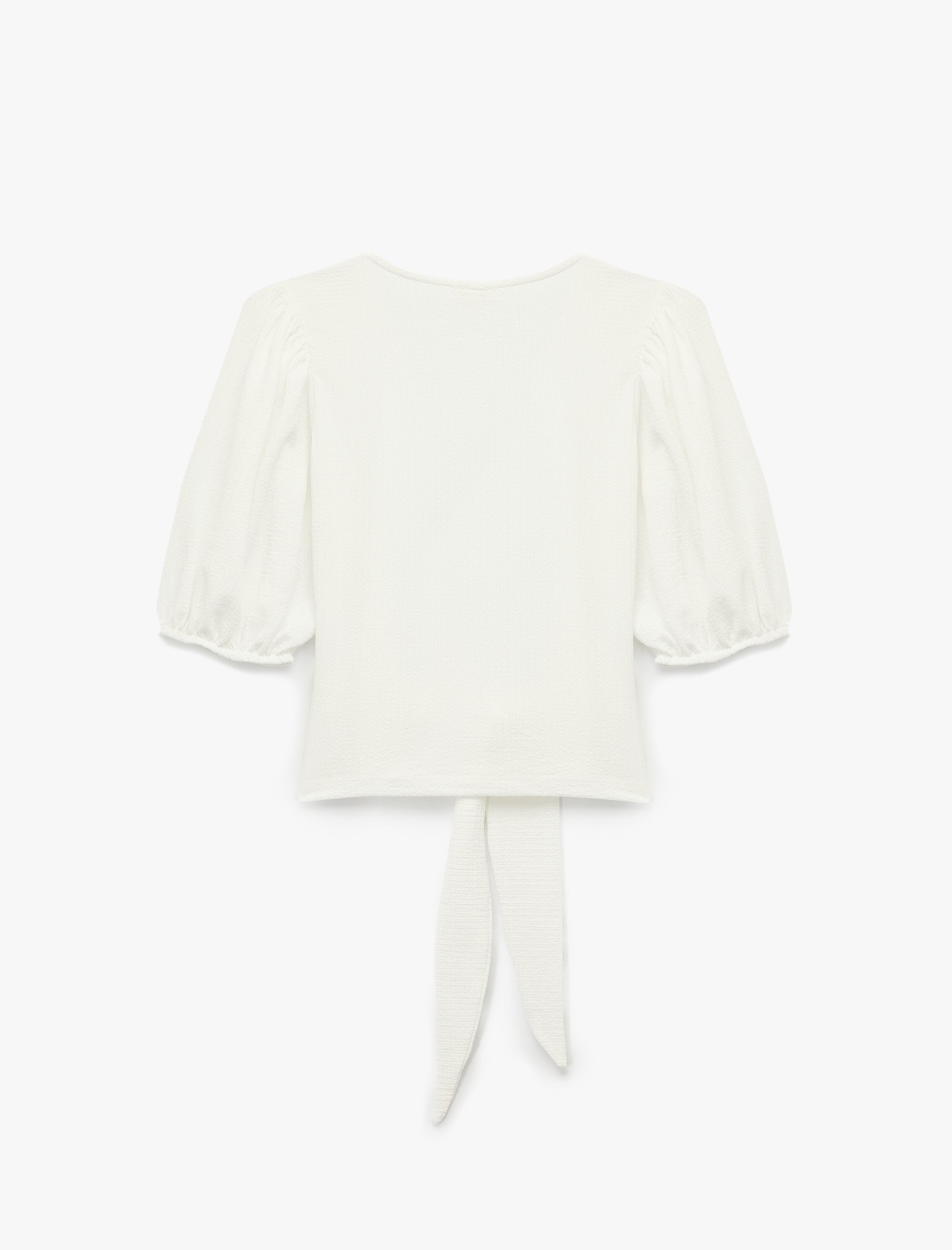 Bürümcük Kumaş Önden Bağlama Detaylı Kısa Balon Kollu Kruvaze Tişört