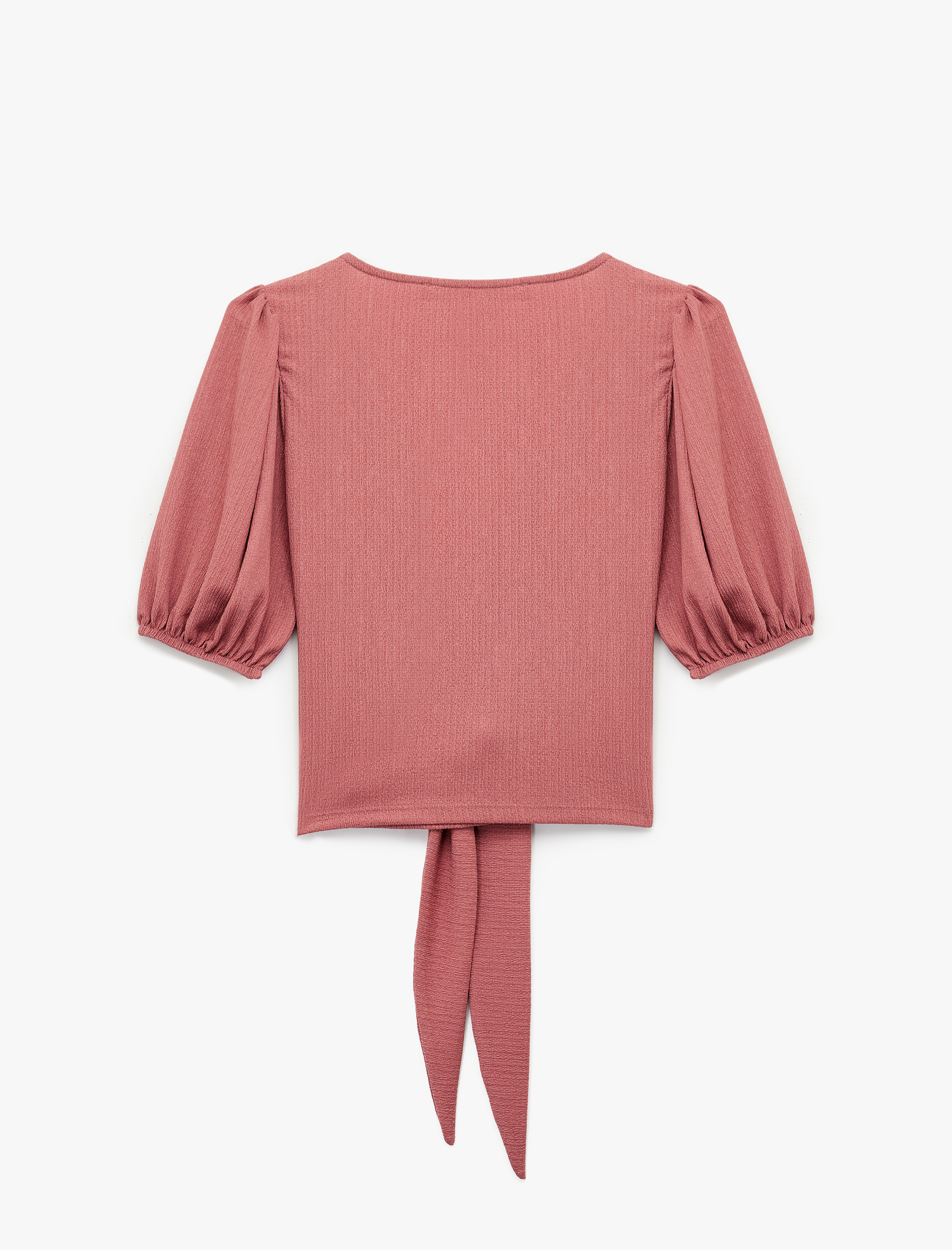 Bürümcük Kumaş Önden Bağlama Detaylı Kısa Balon Kollu Kruvaze Tişört