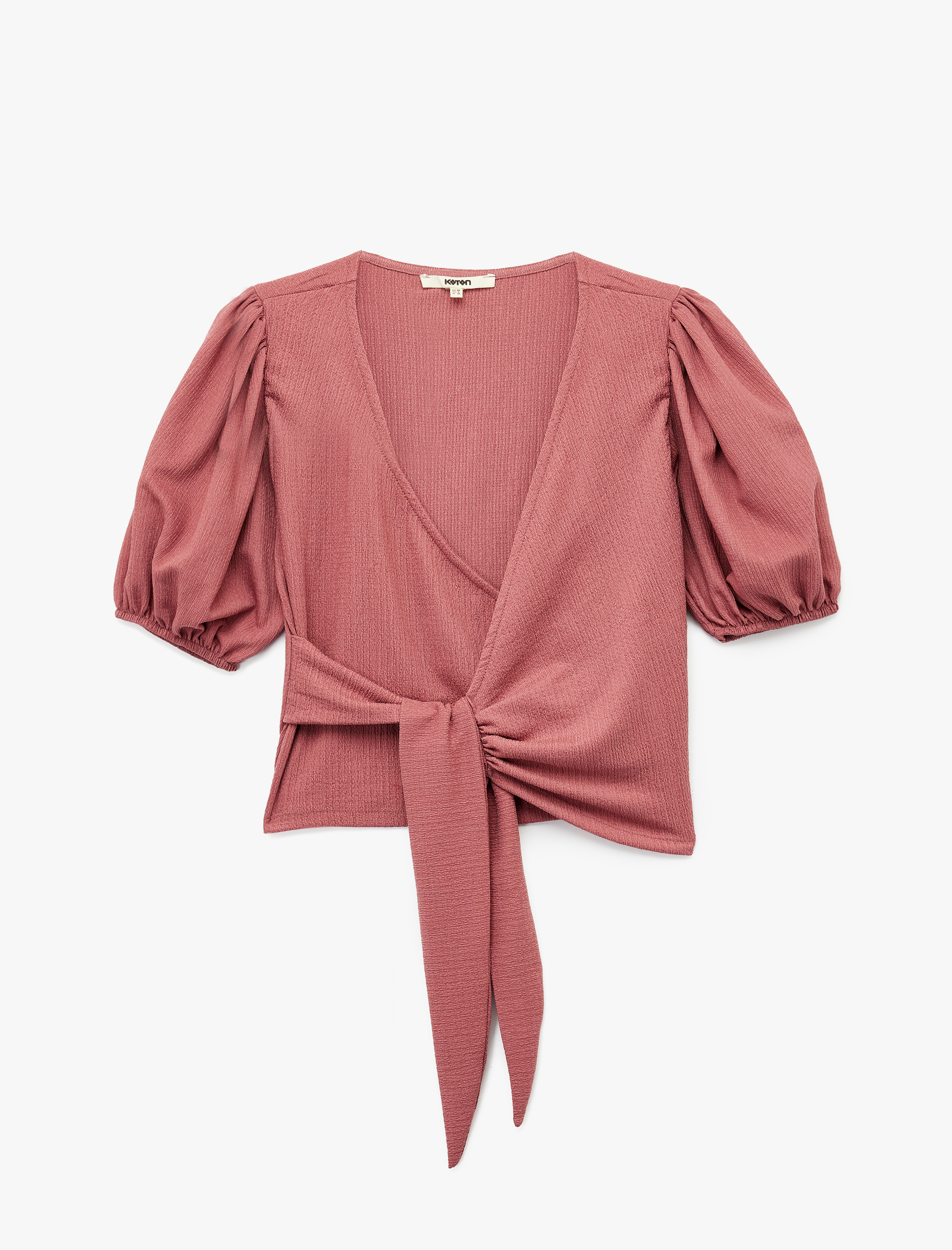 Bürümcük Kumaş Önden Bağlama Detaylı Kısa Balon Kollu Kruvaze Tişört