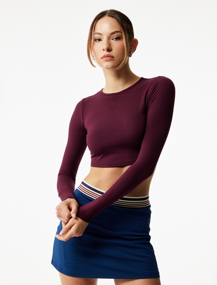  Slim Fit Uzun Kollu Bisiklet Yaka Crop Spor Tişört