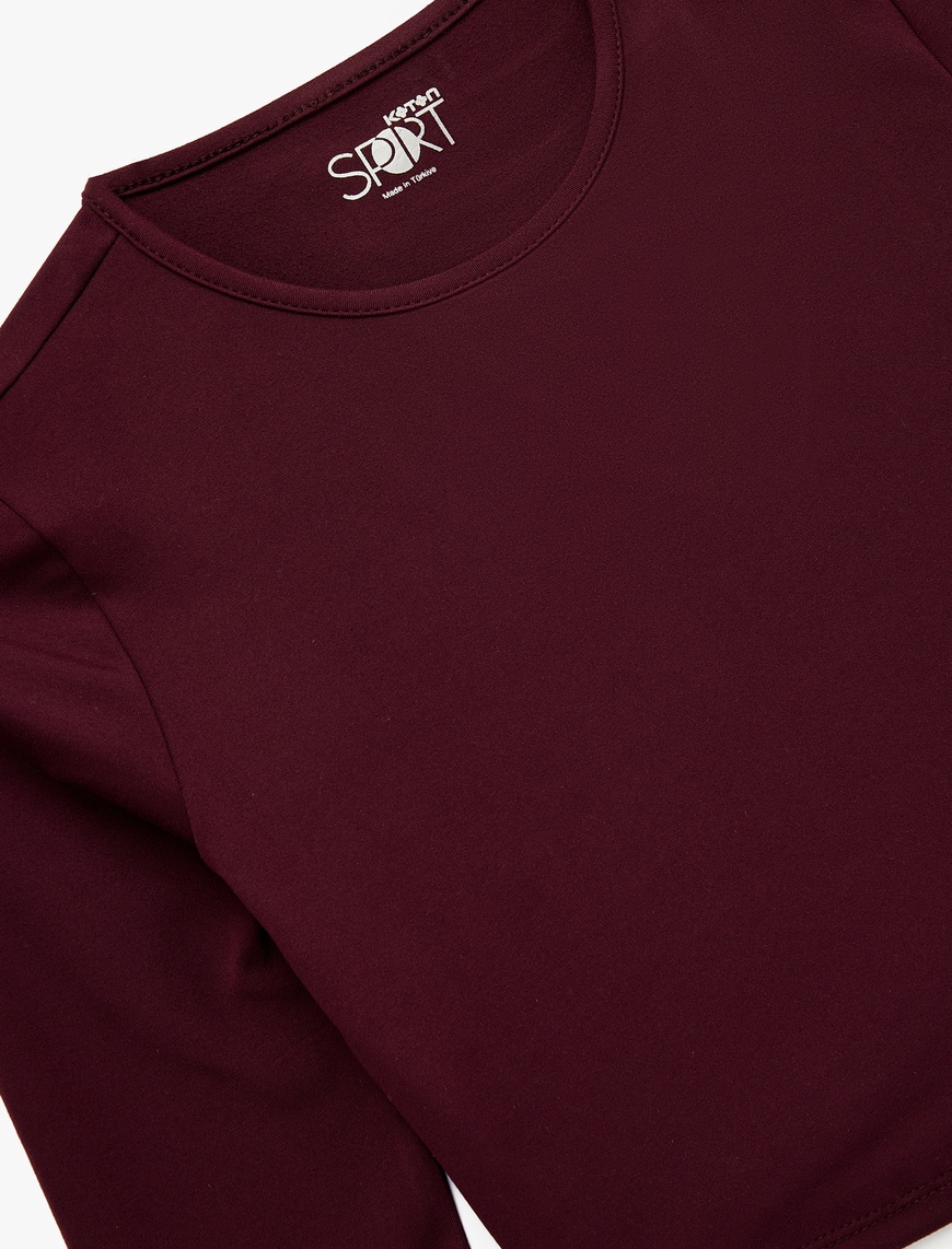 Bordo Kadın Slim Fit Uzun Kollu Bisiklet Yaka Crop Spor Tişört