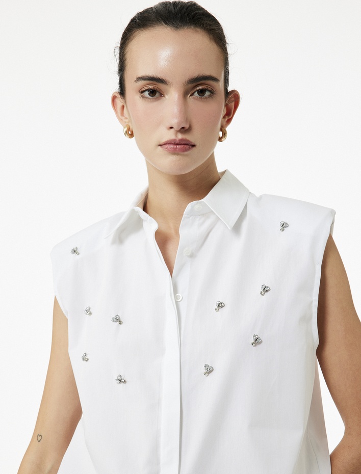  Regular Fit Klasik Yaka Pamuklu Kolsuz Taşlı Gömlek