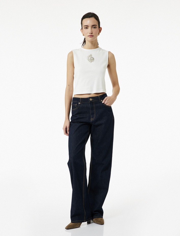  Pamuklu Slim Fit Bisiklet Yaka Taş Detaylı Kolsuz Bluz