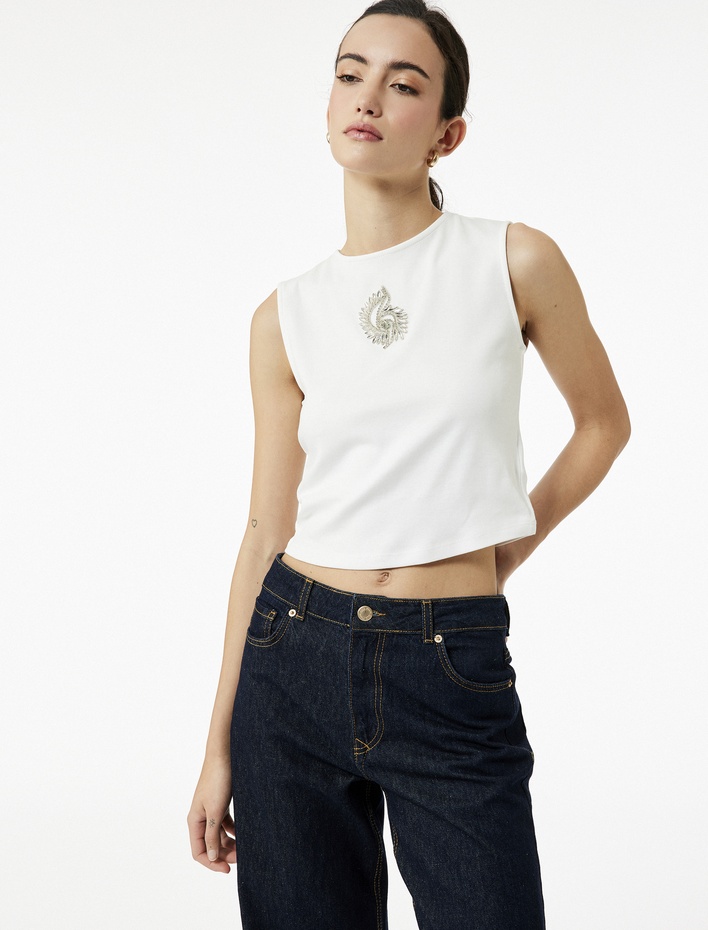  Pamuklu Slim Fit Bisiklet Yaka Taş Detaylı Kolsuz Bluz