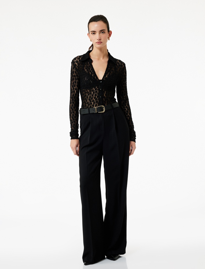  Slim Fit Yarı Transparan Uzun Kollu Kaçık Yaka Dantel Gömlek