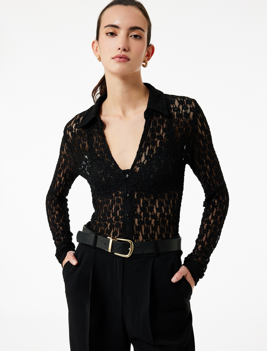   Slim Fit Yarı Transparan Uzun Kollu Kaçık Yaka Dantel Gömlek