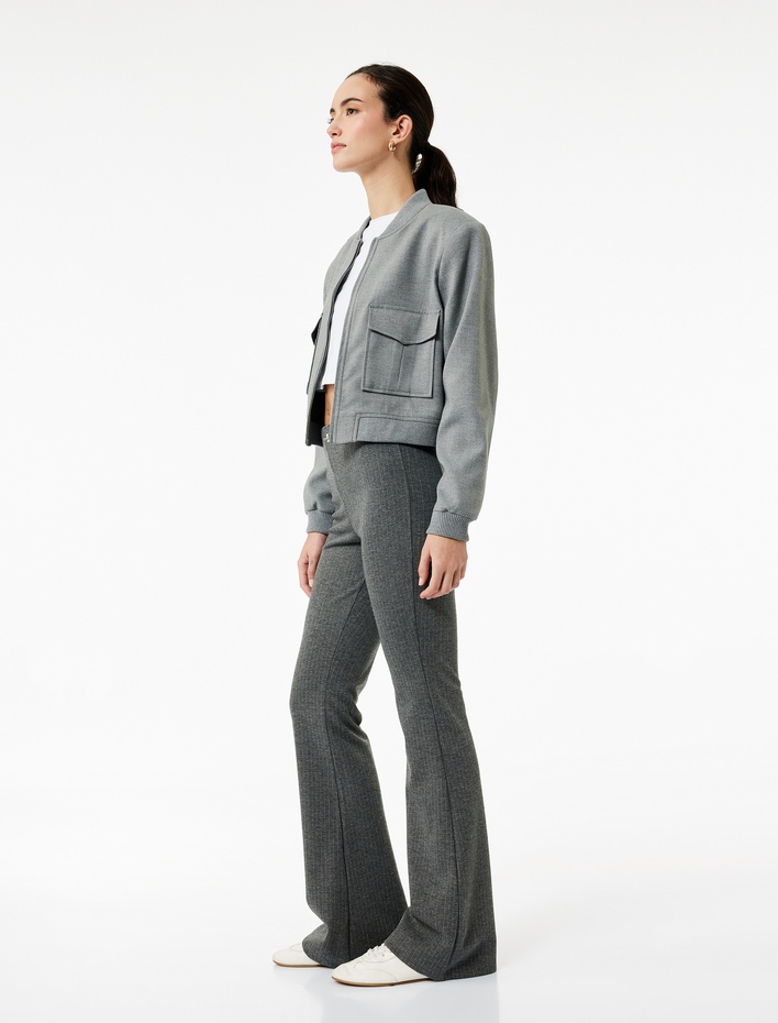  Dar Kesim Parıltılı Çizgili İspanyol Paça Kumaş Pantolon