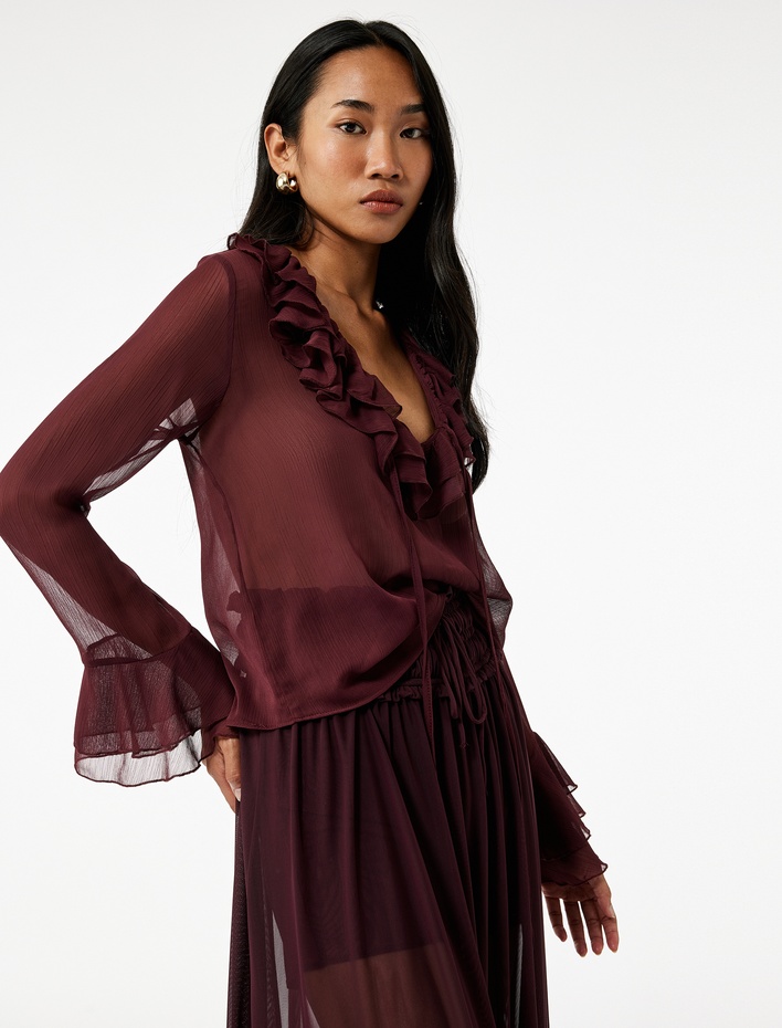  Uzun Kollu V Yaka Fırfırlı Şifon Bluz