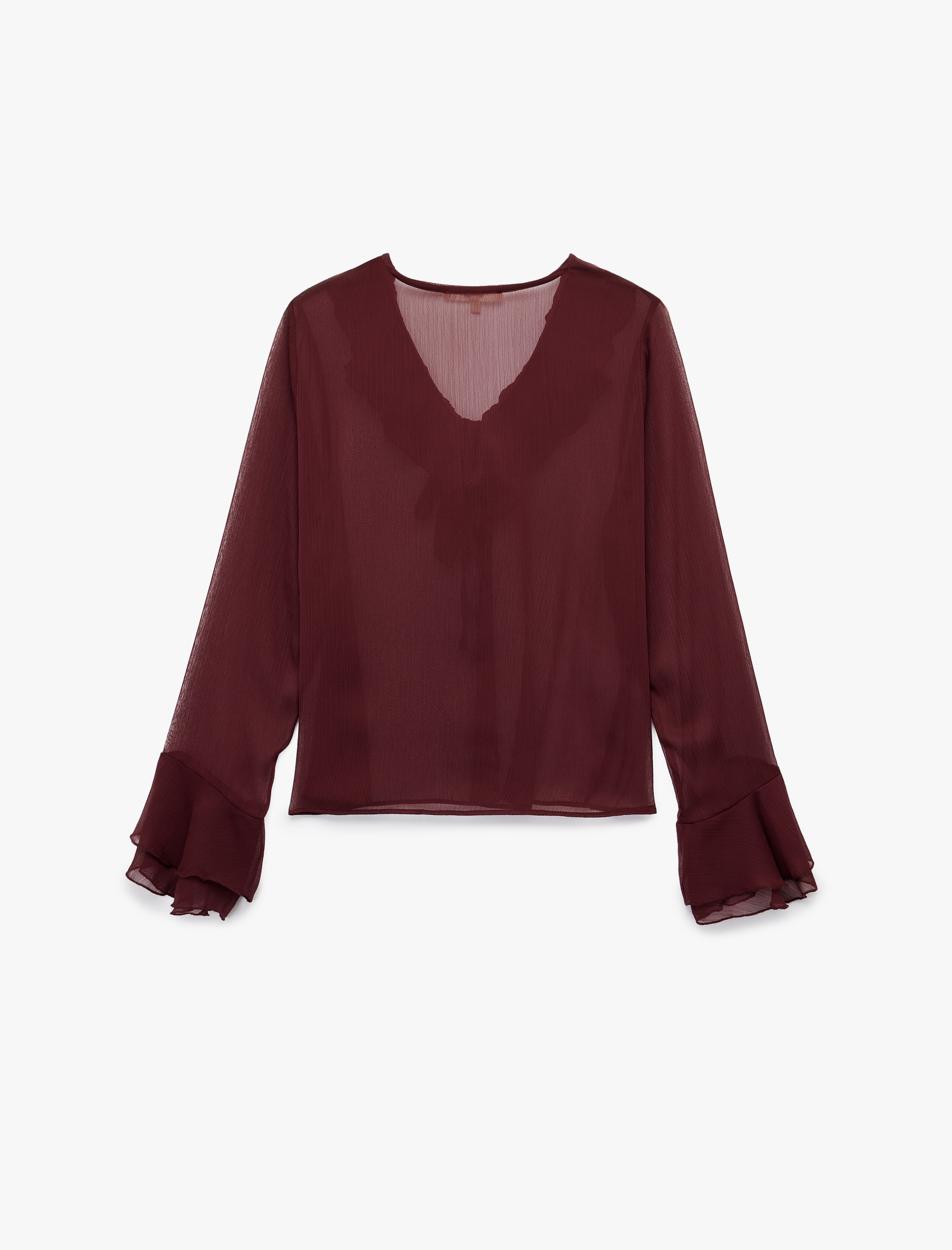  Uzun Kollu V Yaka Fırfırlı Şifon Bluz