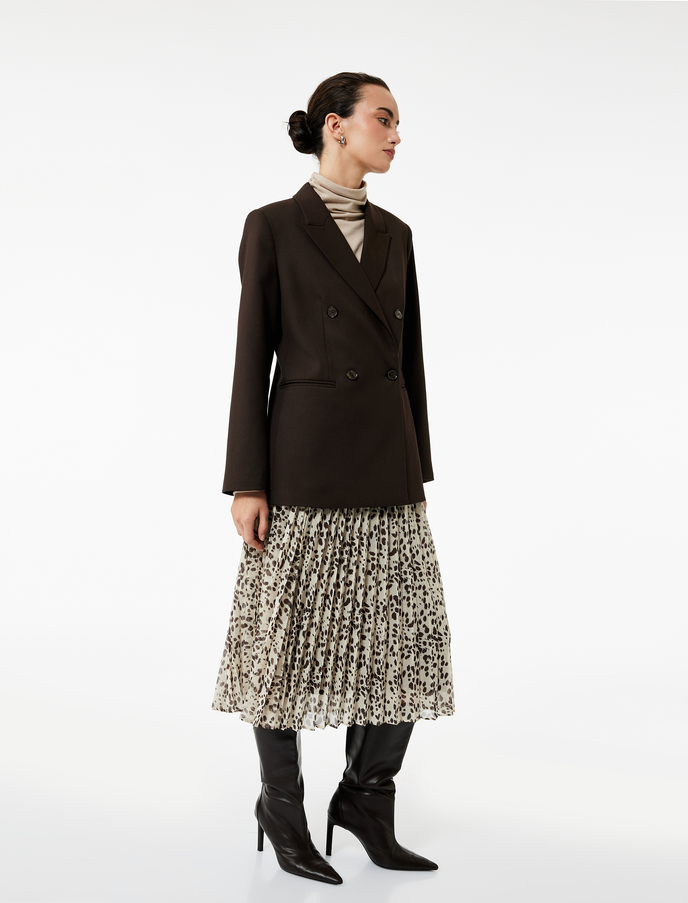   Standart Bel Leopar Desenli Pileli Midi Şifon Etek