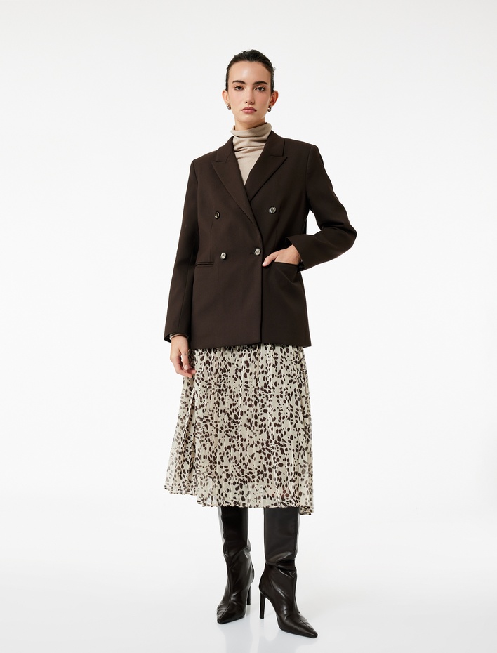  Standart Bel Leopar Desenli Pileli Midi Şifon Etek