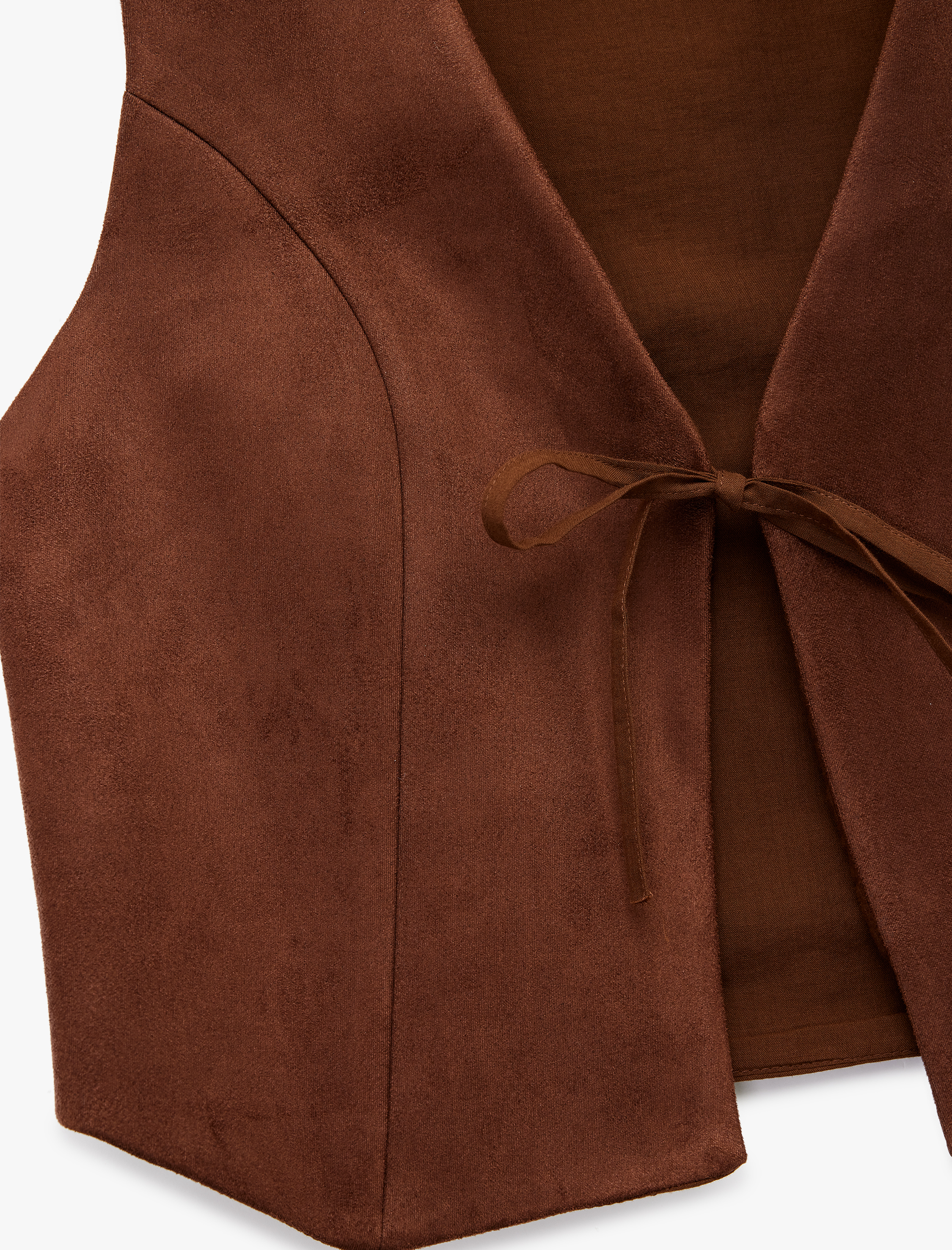 Slim Fit V Yaka Bağlama Detaylı Crop Suni Süet Yelek