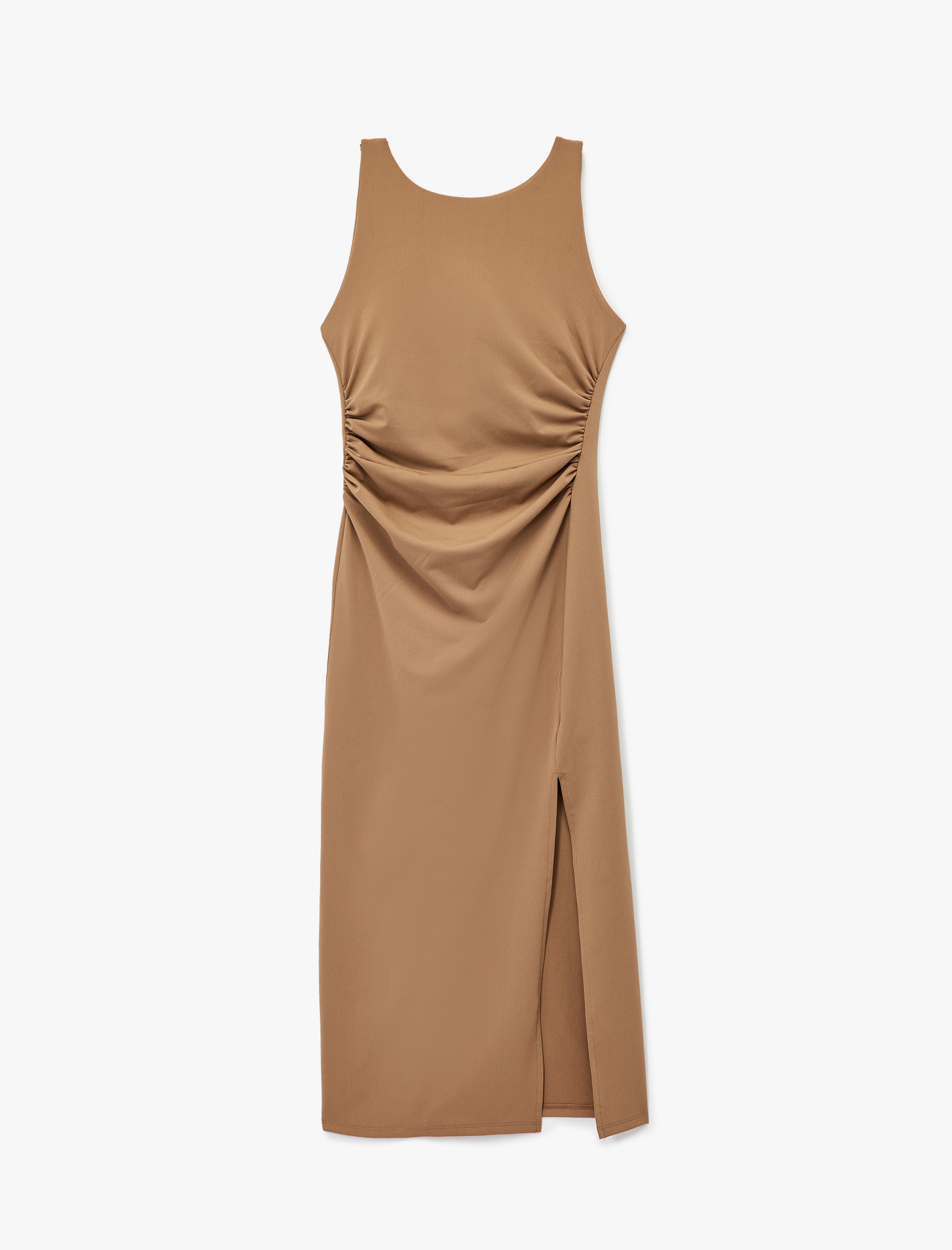   Bürümcük Kumaş Drapeli Kayık Yaka Kolsuz Midi Kalem Elbise