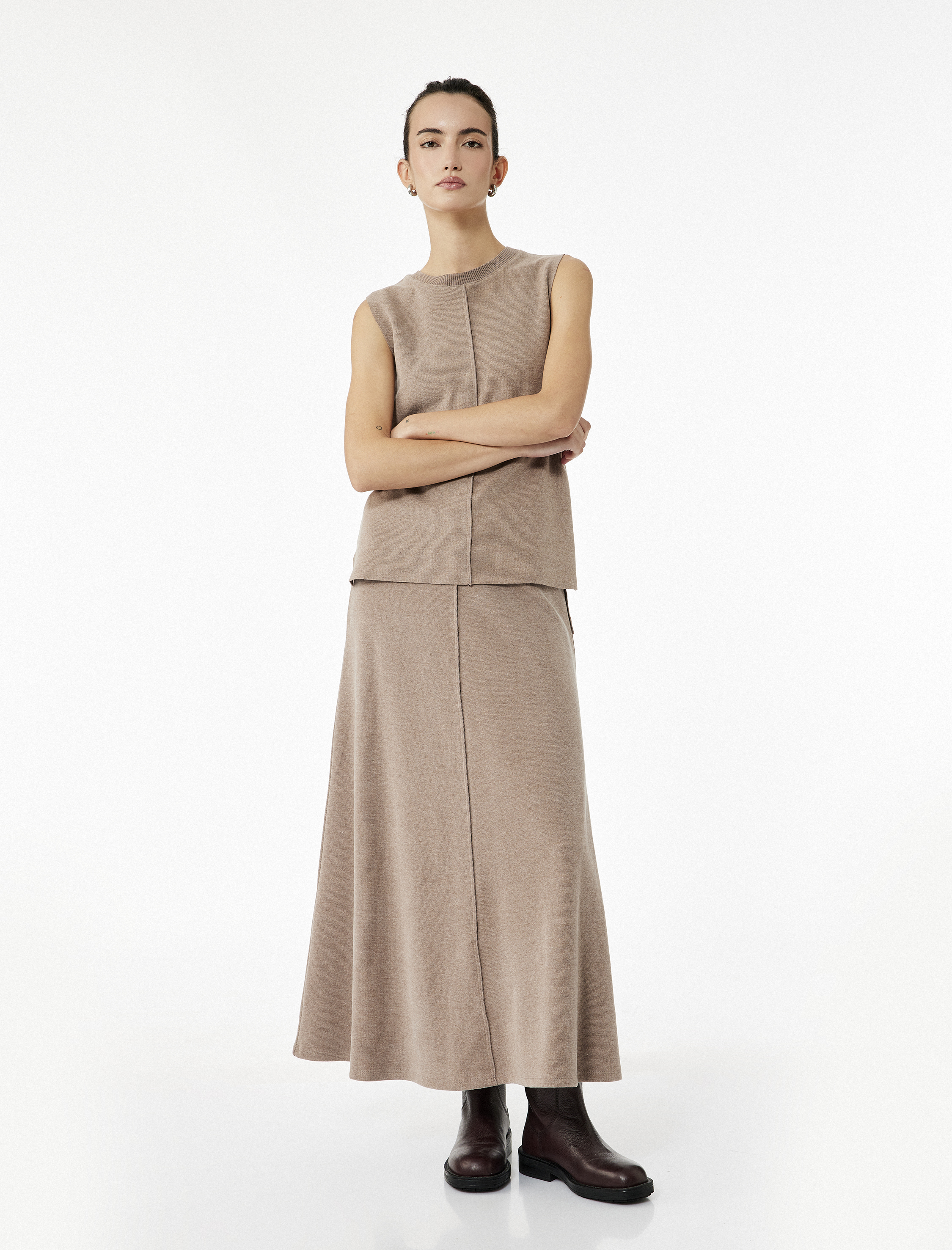 Dikiş Detaylı Pamuk Karışımlı Midi Kloş Triko Etek