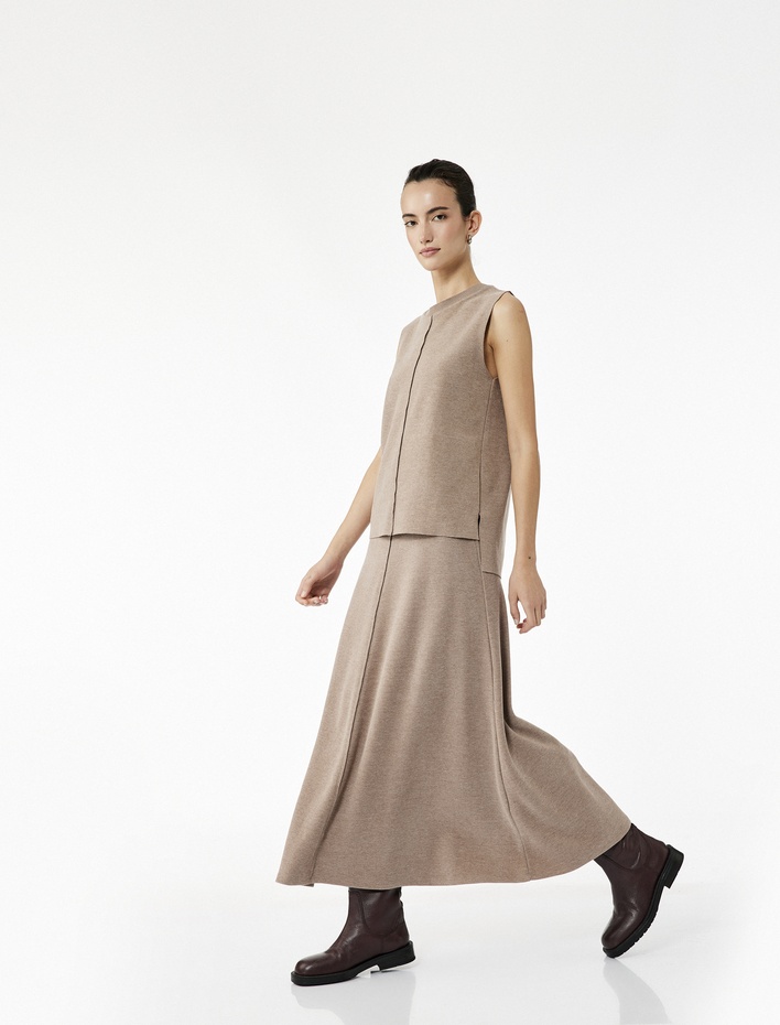  Dikiş Detaylı Pamuk Karışımlı Midi Kloş Triko Etek