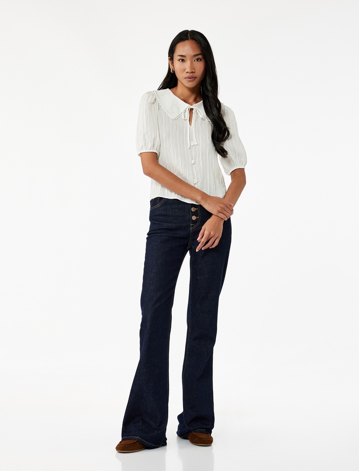  Kısa Balon Kollu Bağlama Detaylı Bebe Yaka Gömlek