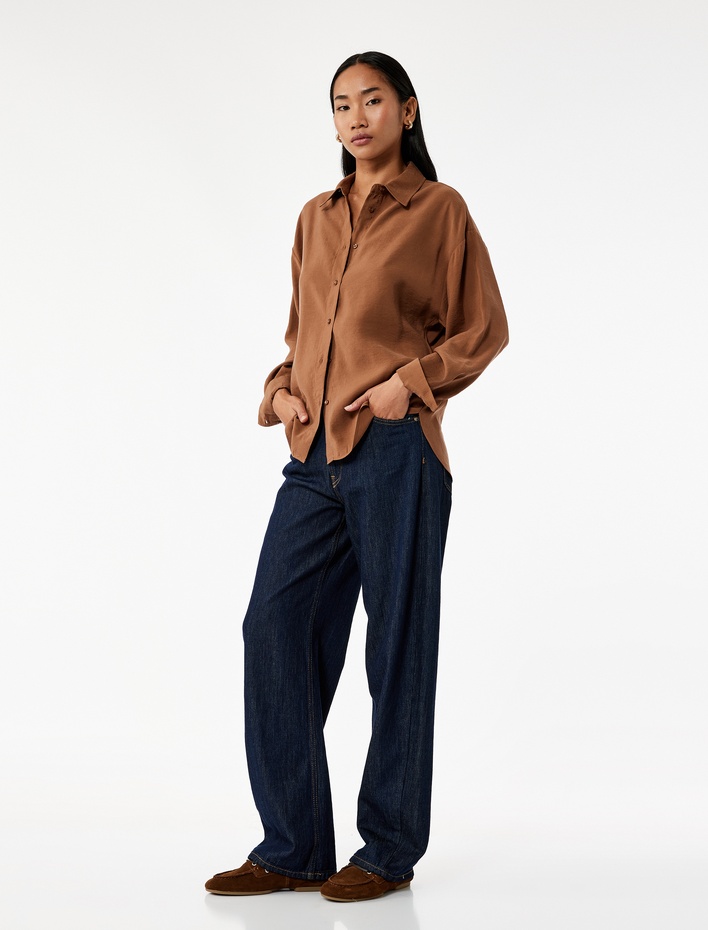  Modal Kumaş Düğmeli Uzun Kollu Oversize Gömlek