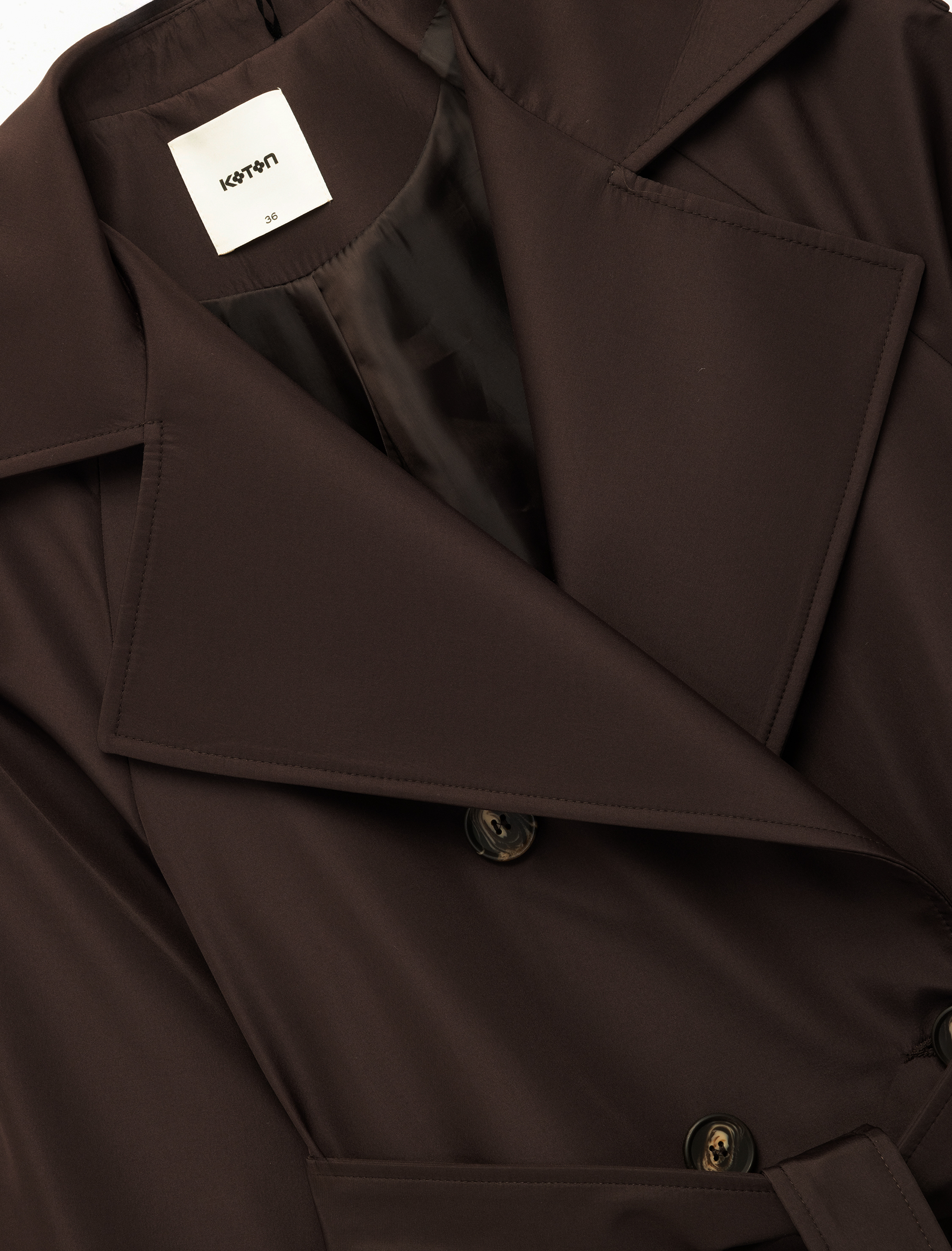   Uzun Kollu Kemerli Cepli Kruvaze Gabardin Trençkot