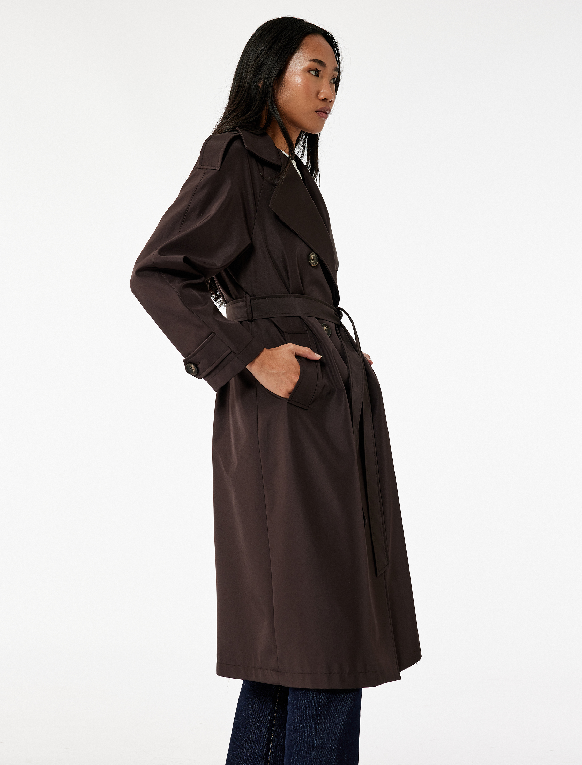   Uzun Kollu Kemerli Cepli Kruvaze Gabardin Trençkot