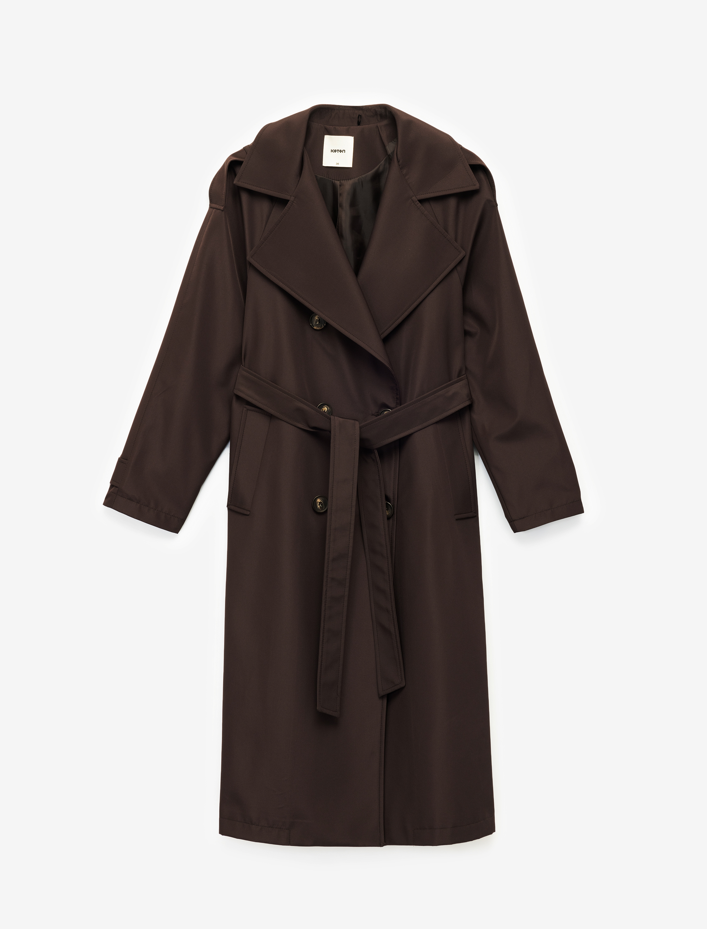   Uzun Kollu Kemerli Cepli Kruvaze Gabardin Trençkot