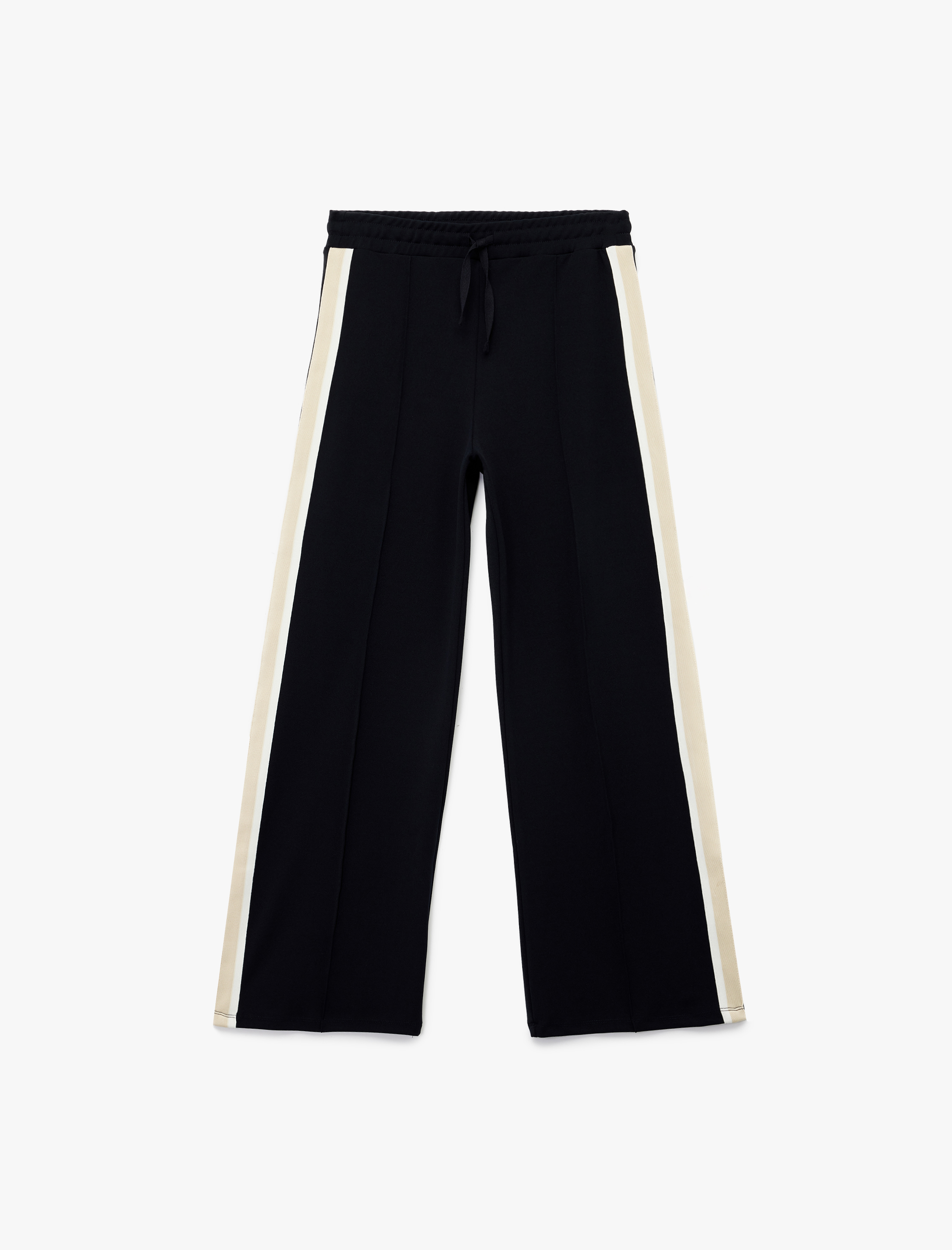   Beli Lastikli Bağlamalı Yanları Şerit Detaylı Düz Geniş Paça Pantolon