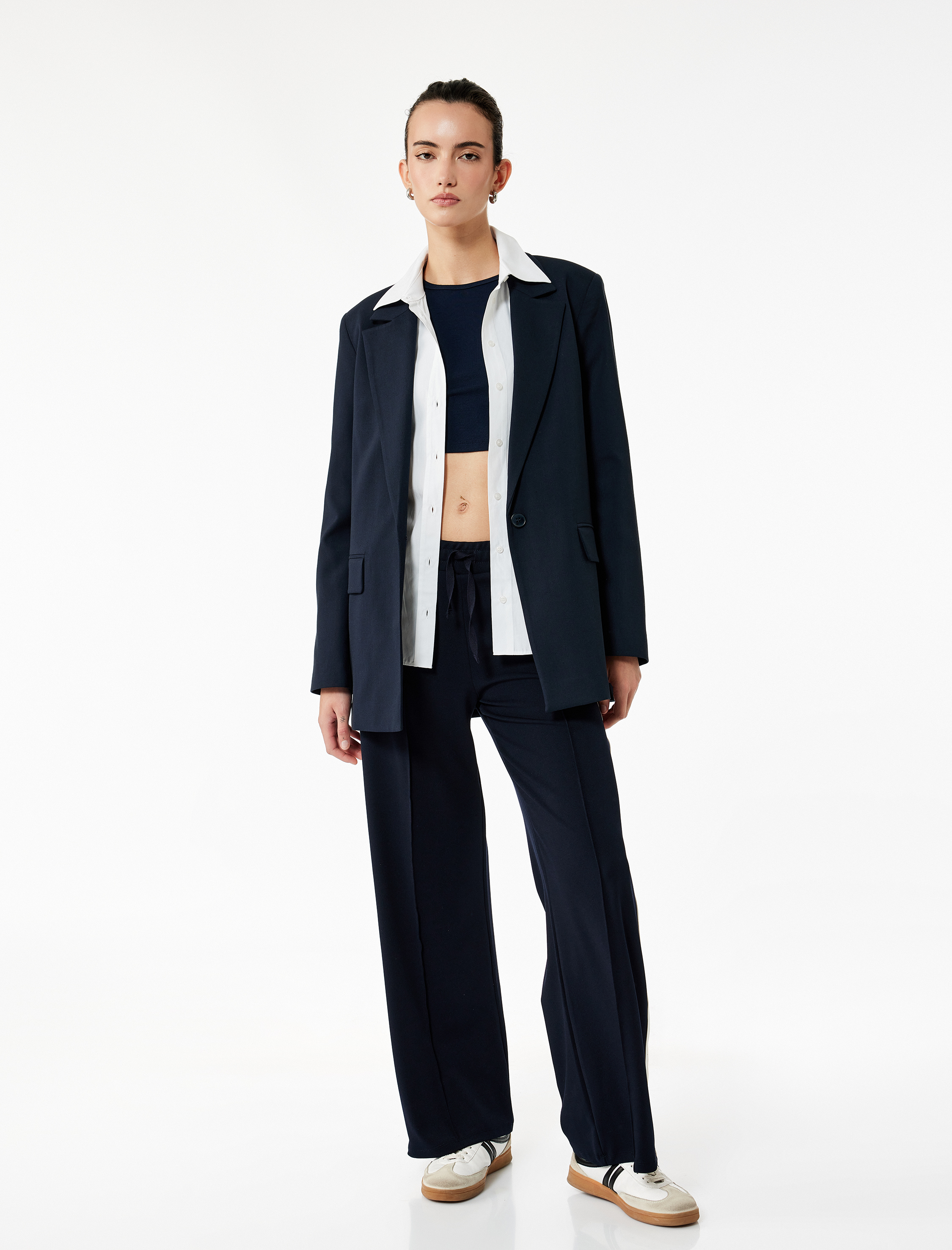   Beli Lastikli Bağlamalı Yanları Şerit Detaylı Düz Geniş Paça Pantolon