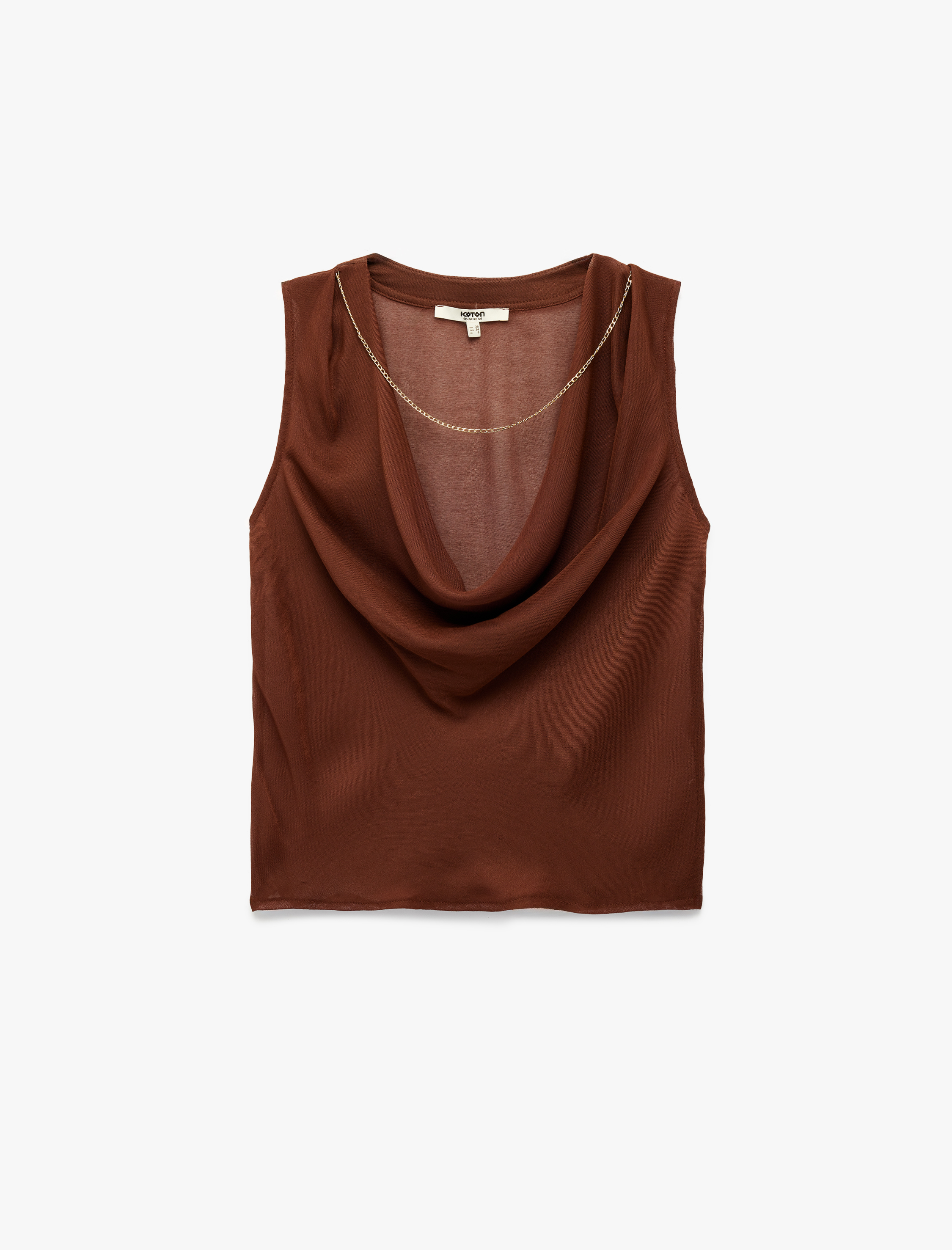   Viskon Kumaş Zincir Detaylı Degaje Yaka Kolsuz Bluz