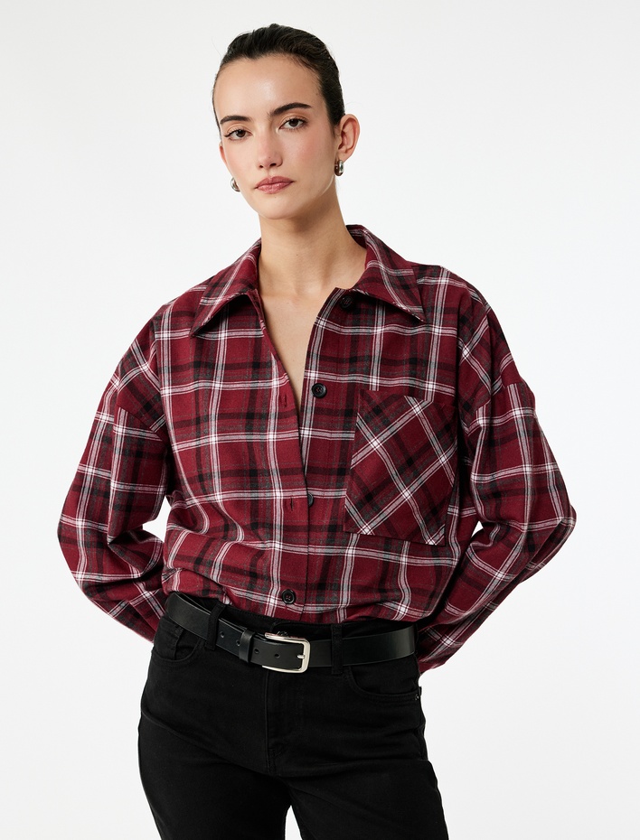  Uzun Kollu Cep Detaylı Ekose Oversize Gömlek Ceket