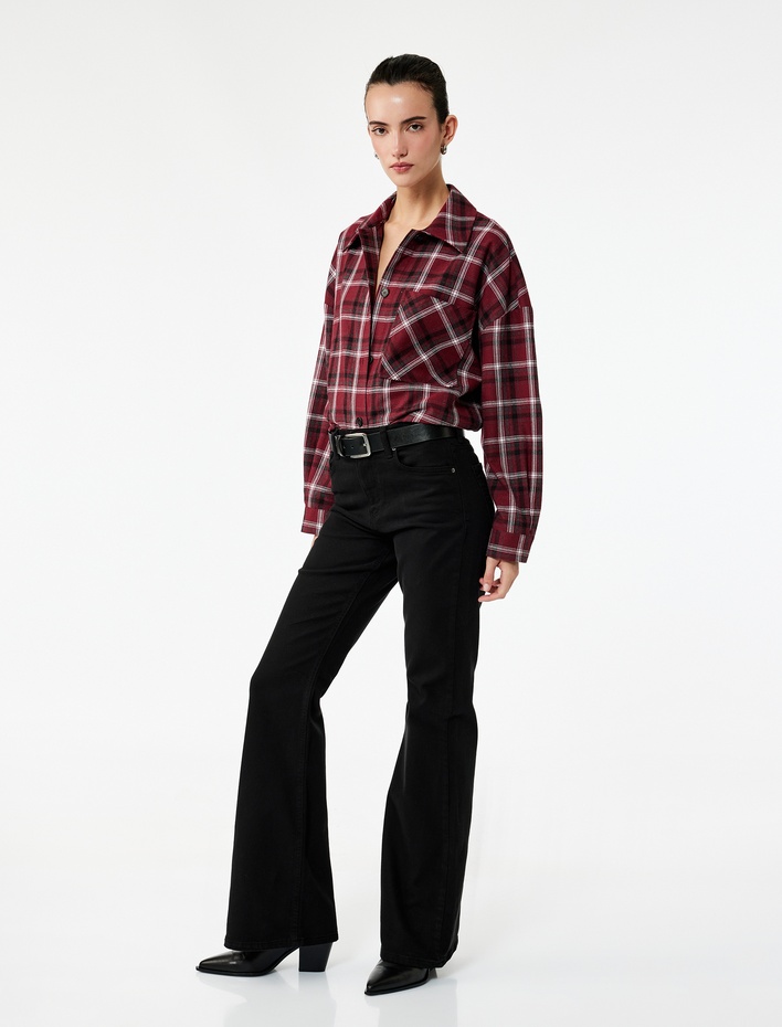  Uzun Kollu Cep Detaylı Ekose Oversize Gömlek Ceket