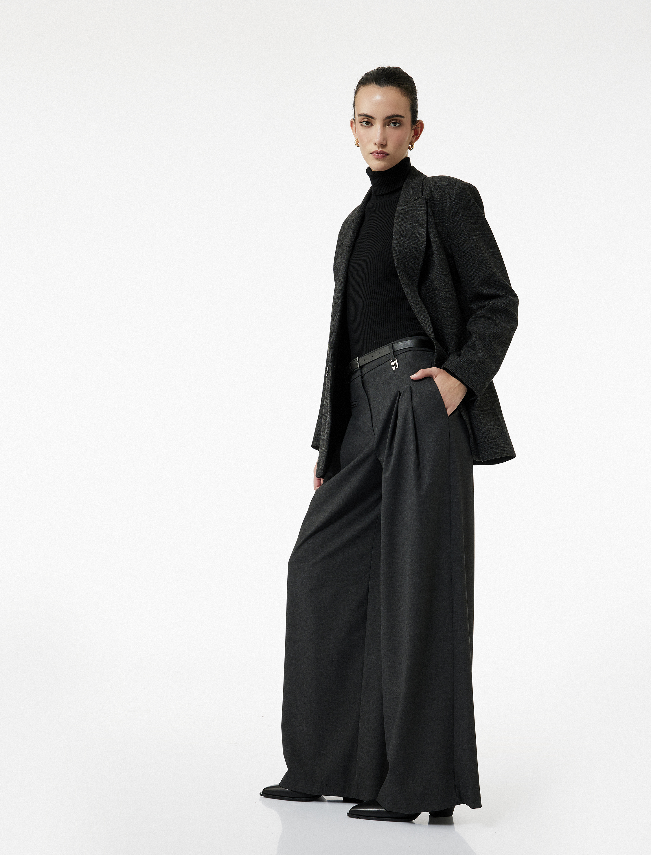   Pile Detaylı Kemerli Yüksek Bel Palazzo Pantolon