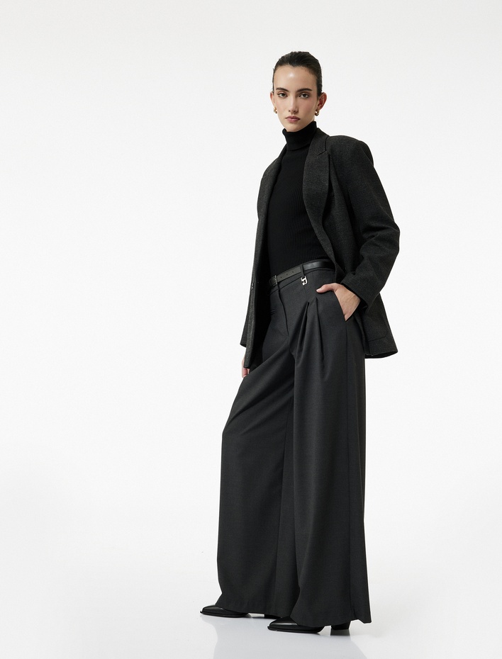  Pile Detaylı Kemerli Yüksek Bel Palazzo Pantolon