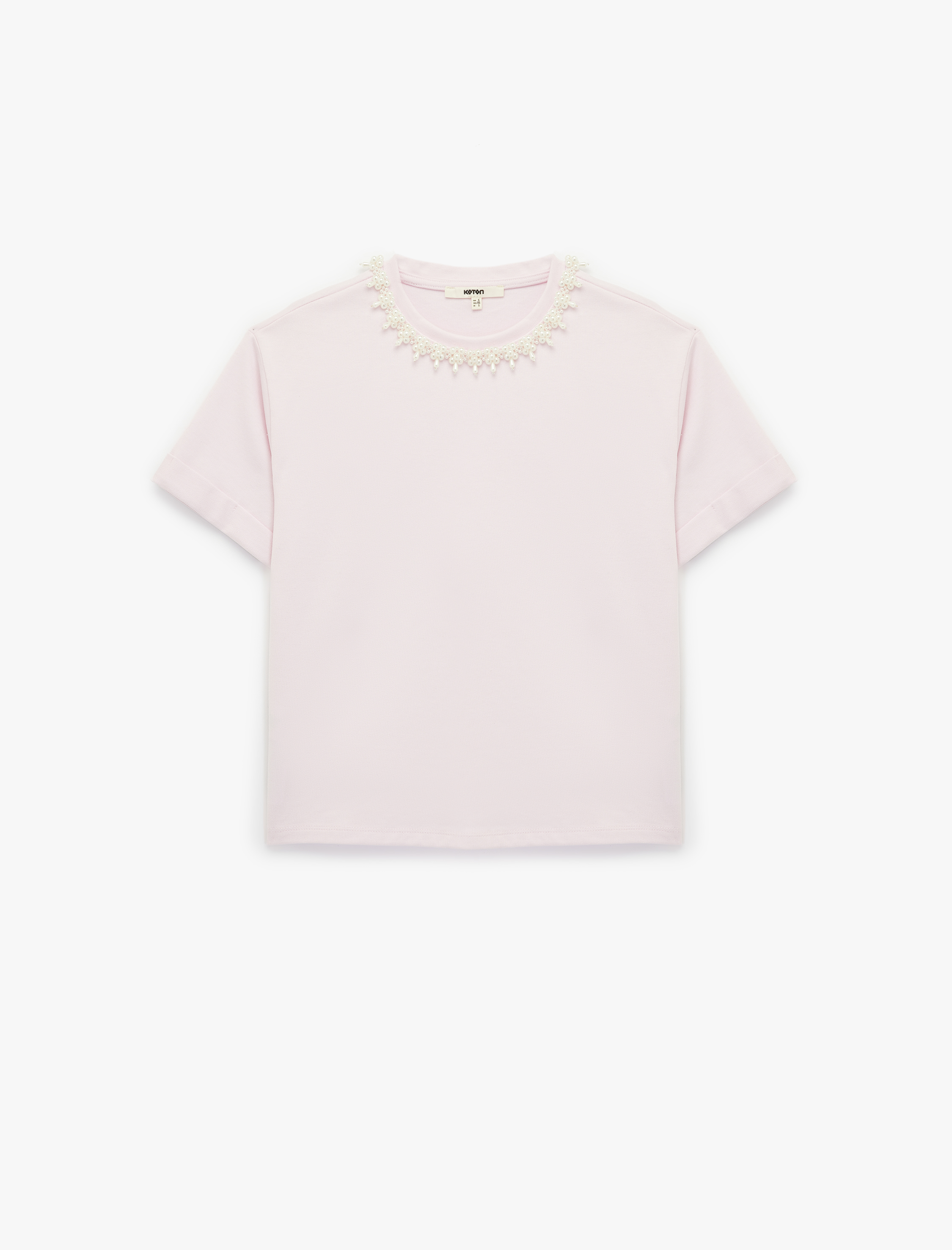   Pamuklu Kısa Kollu Bisiklet Yaka İnci İşlemeli Tişört