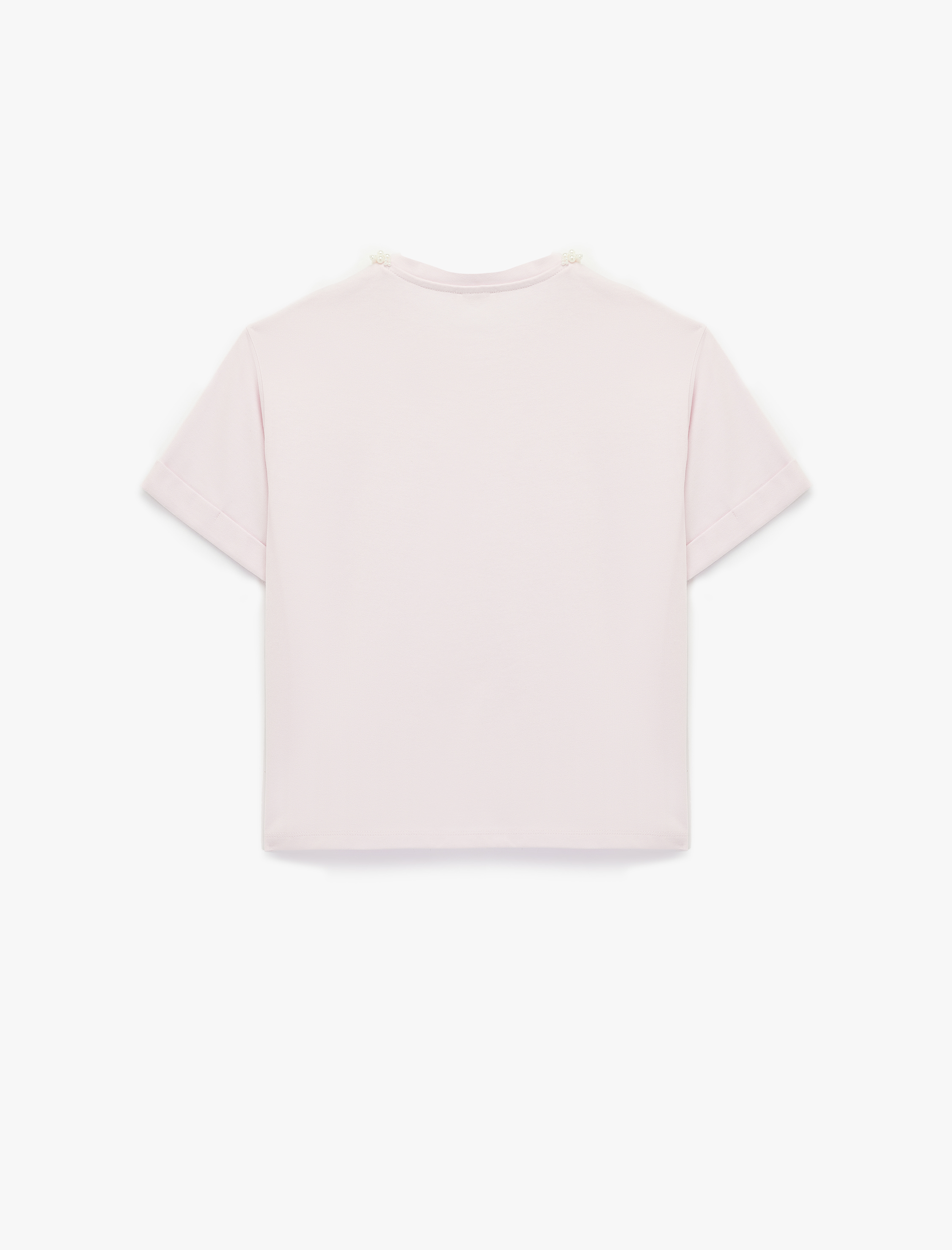   Pamuklu Kısa Kollu Bisiklet Yaka İnci İşlemeli Tişört