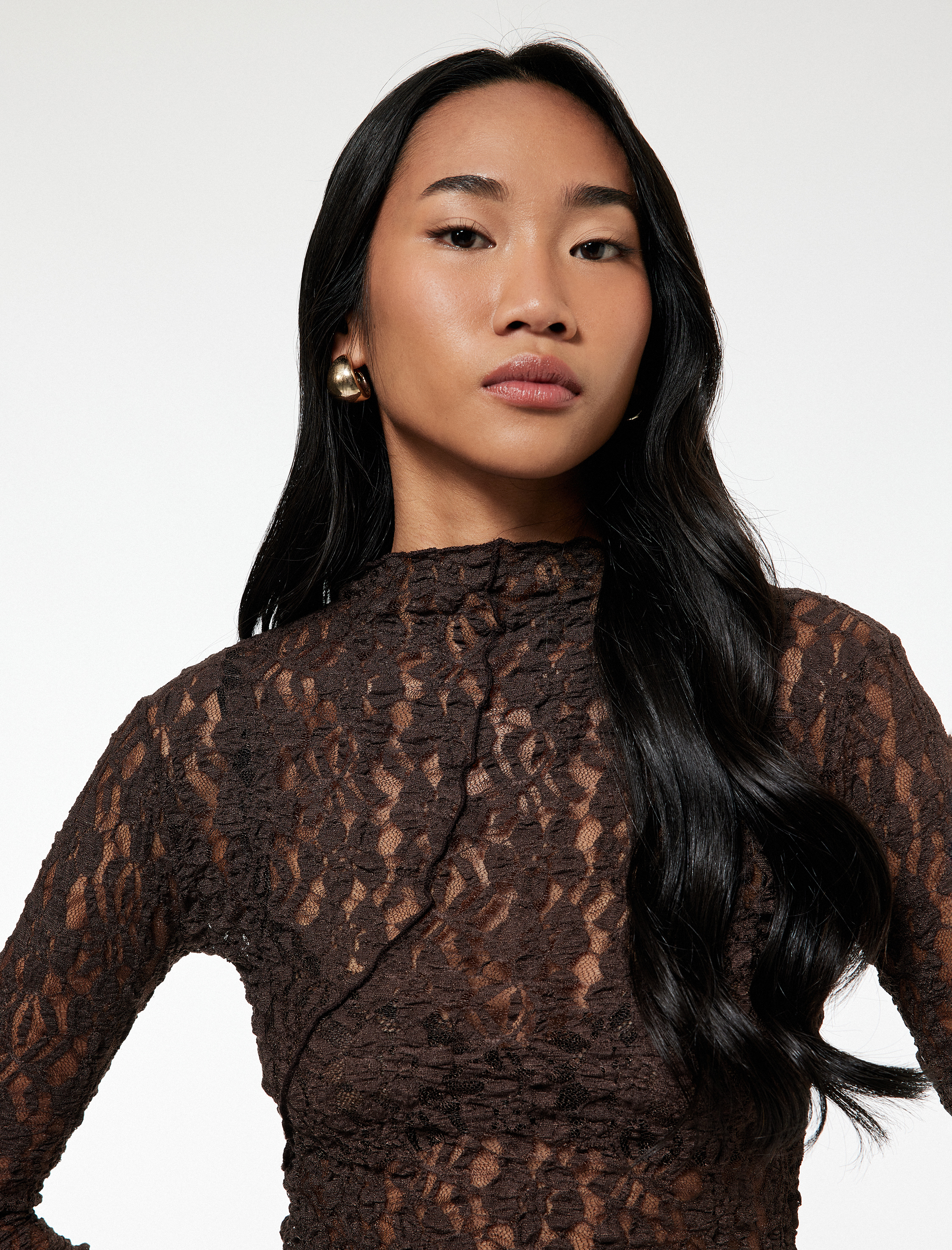   Yarı Transparan Uzun Kollu Dik Yaka Dantel Body